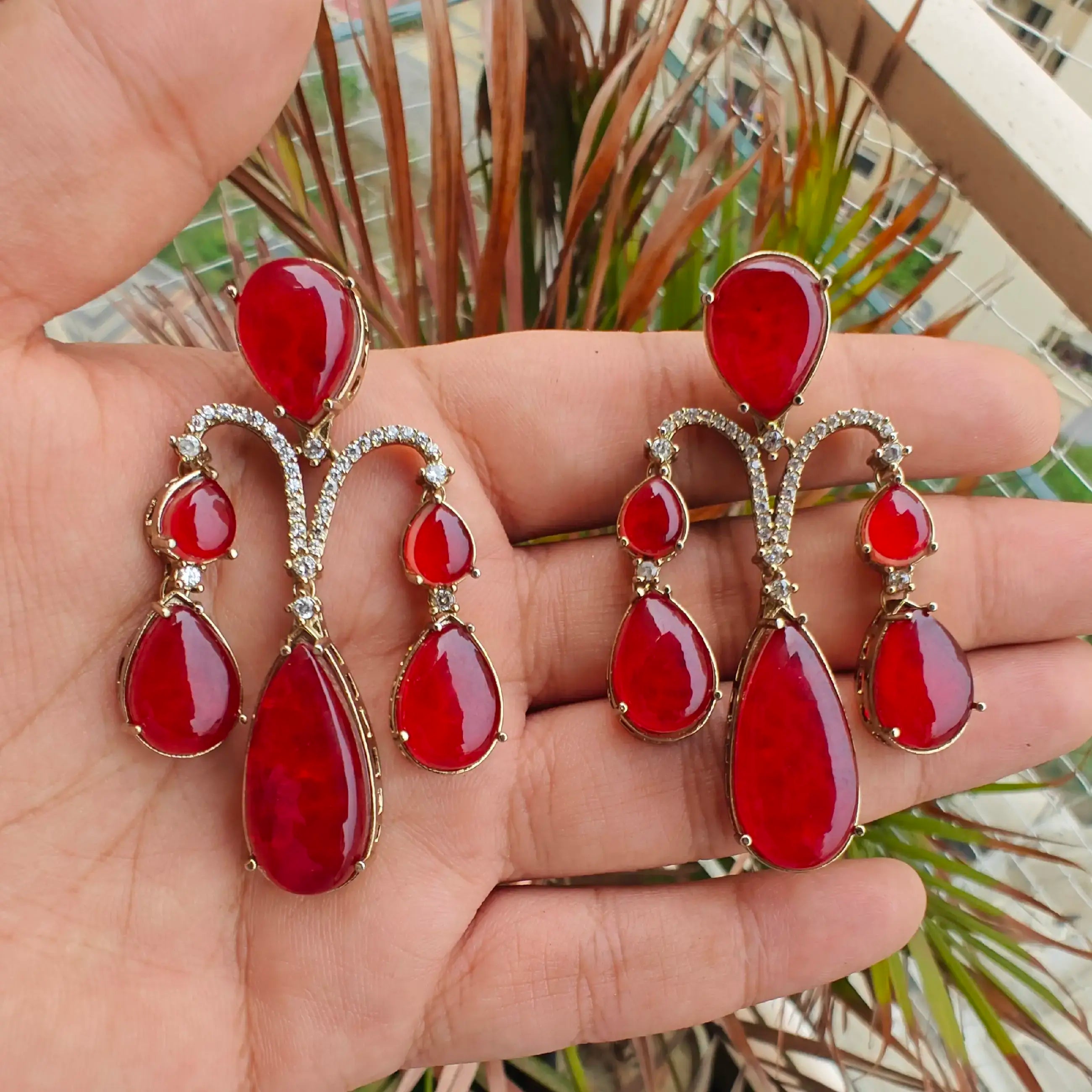 Sayesha premium Cabochon Doublet Chandelier Earrings- Red