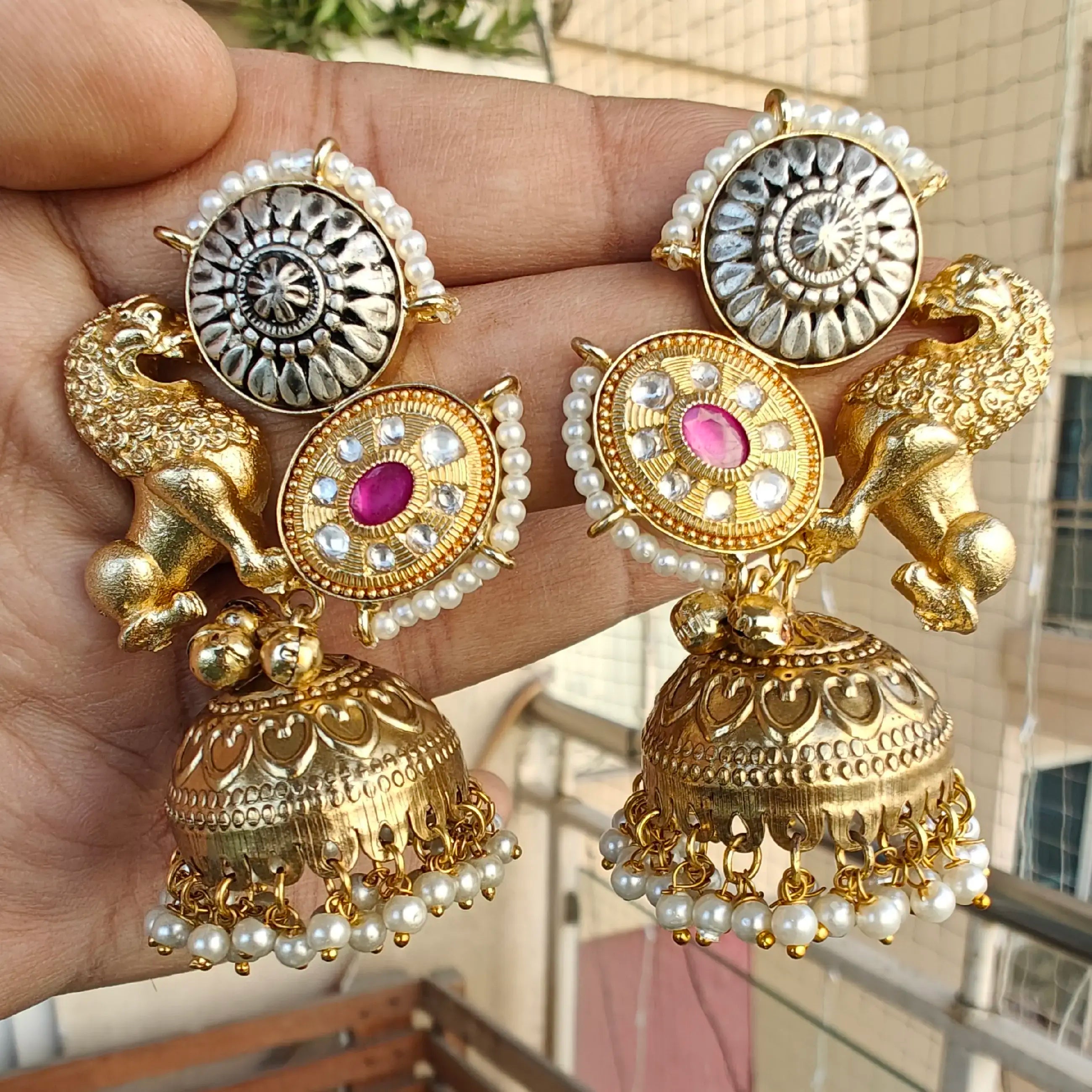 Sabyasachi Inspired Amaira Amrapali Brass Fusion Jhumki - Ruby