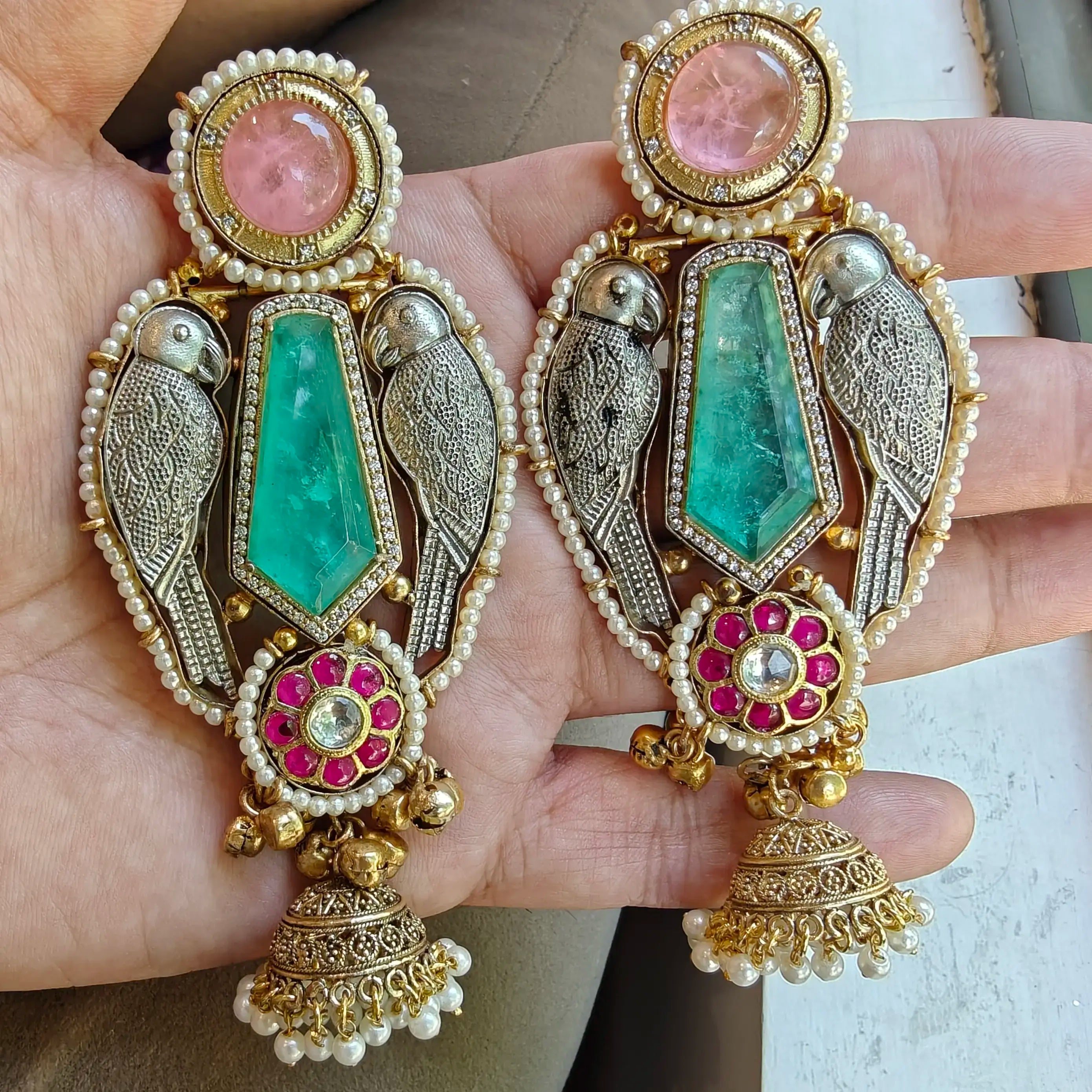 Mithu Premium Russian Doublet Amrapali Brass Fusion Earrings - Mint n Pink