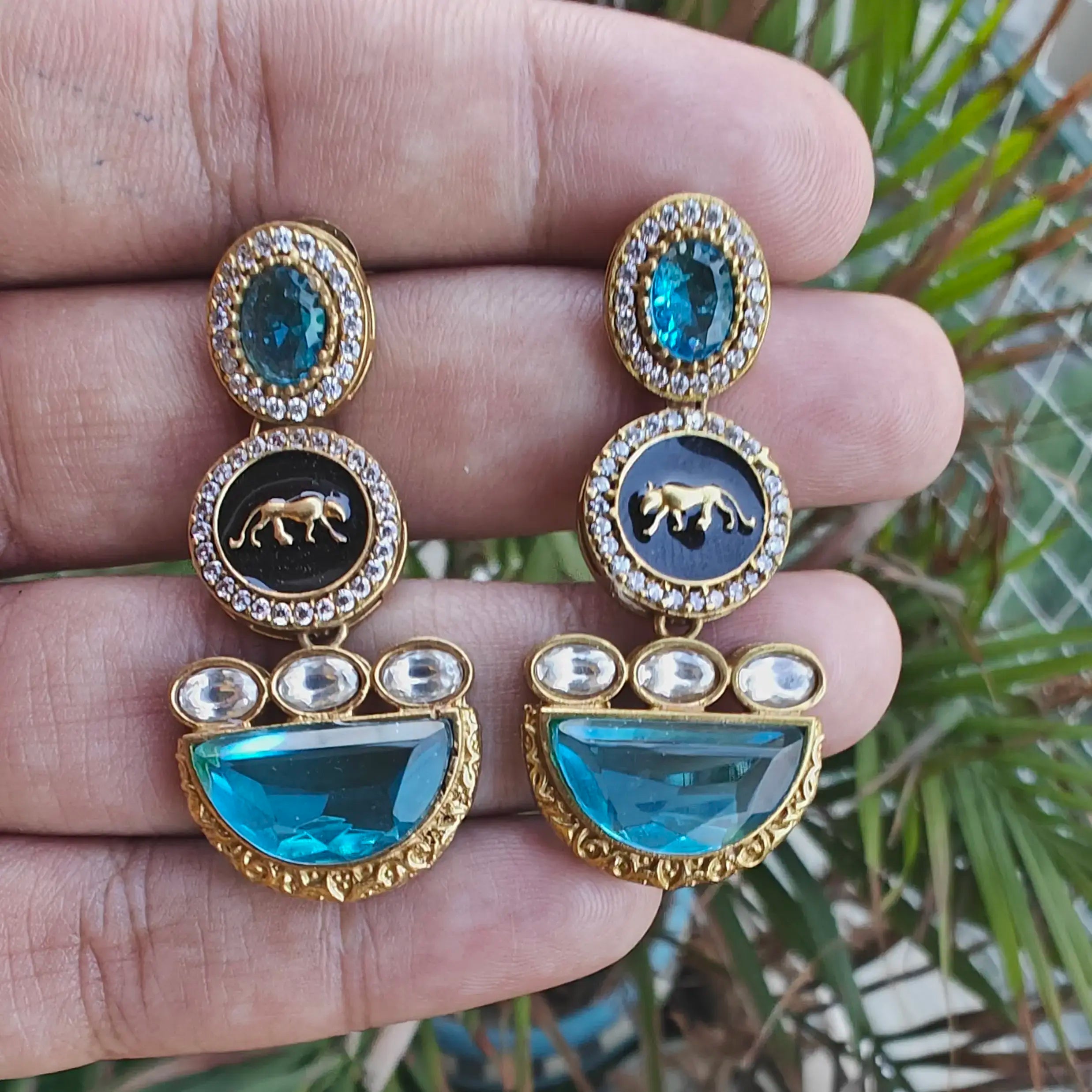 Srushti Sabyasachi Inspired Jaguar Earrings- Teal Blue