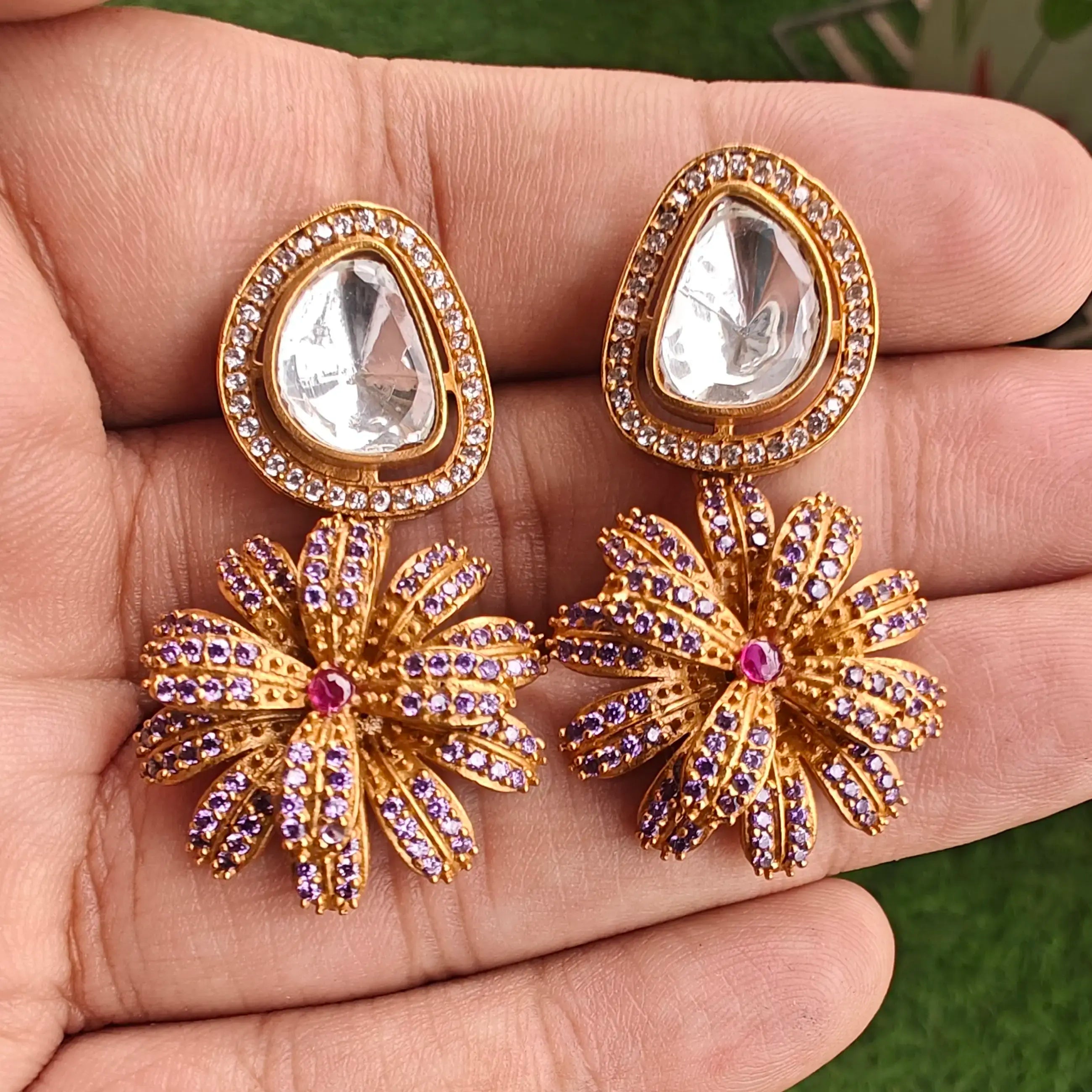 Purvi Moissanite And Jadau AD Earrings- Lavender