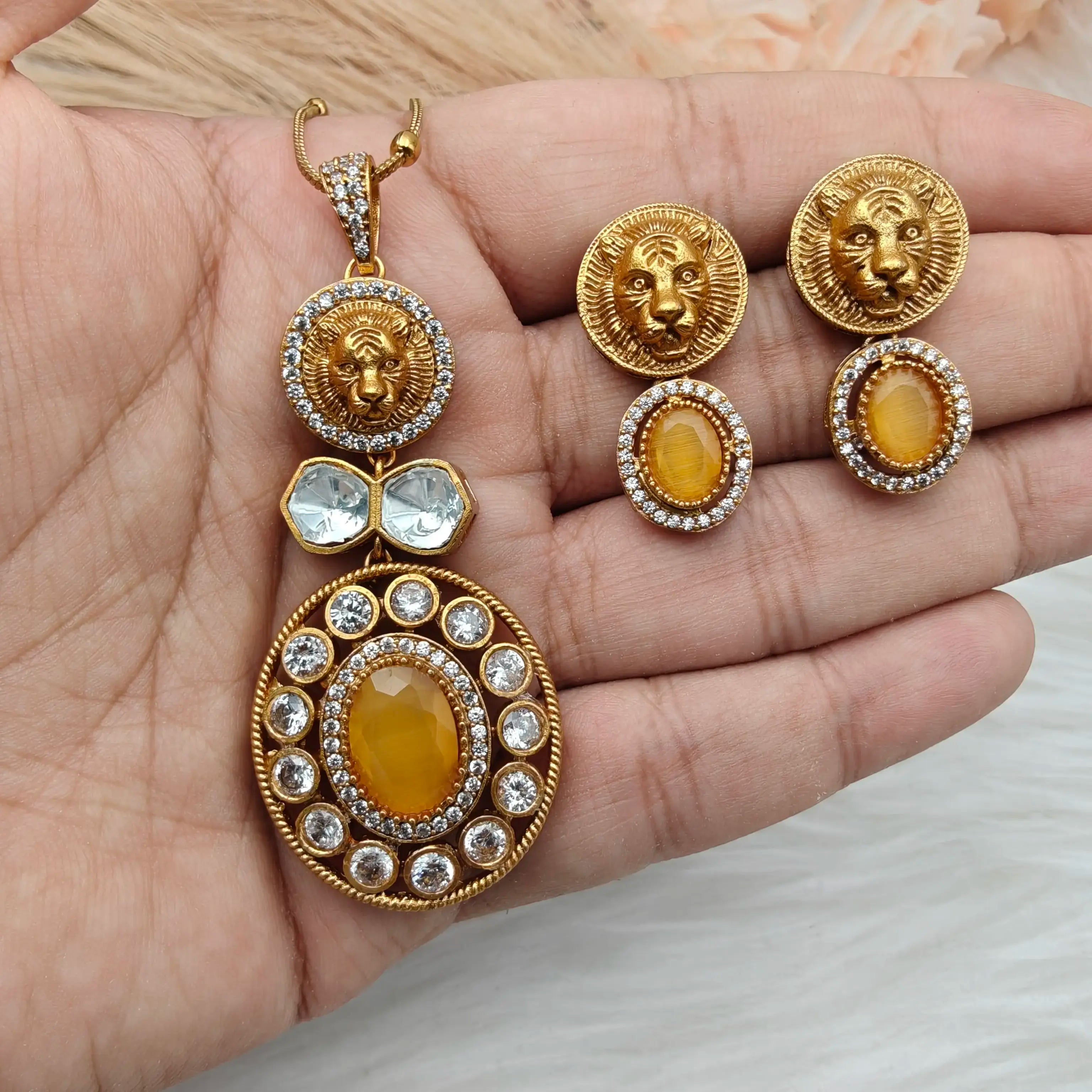 Sabyasachi Inspired Saha Polki Pendant Set- Yellow