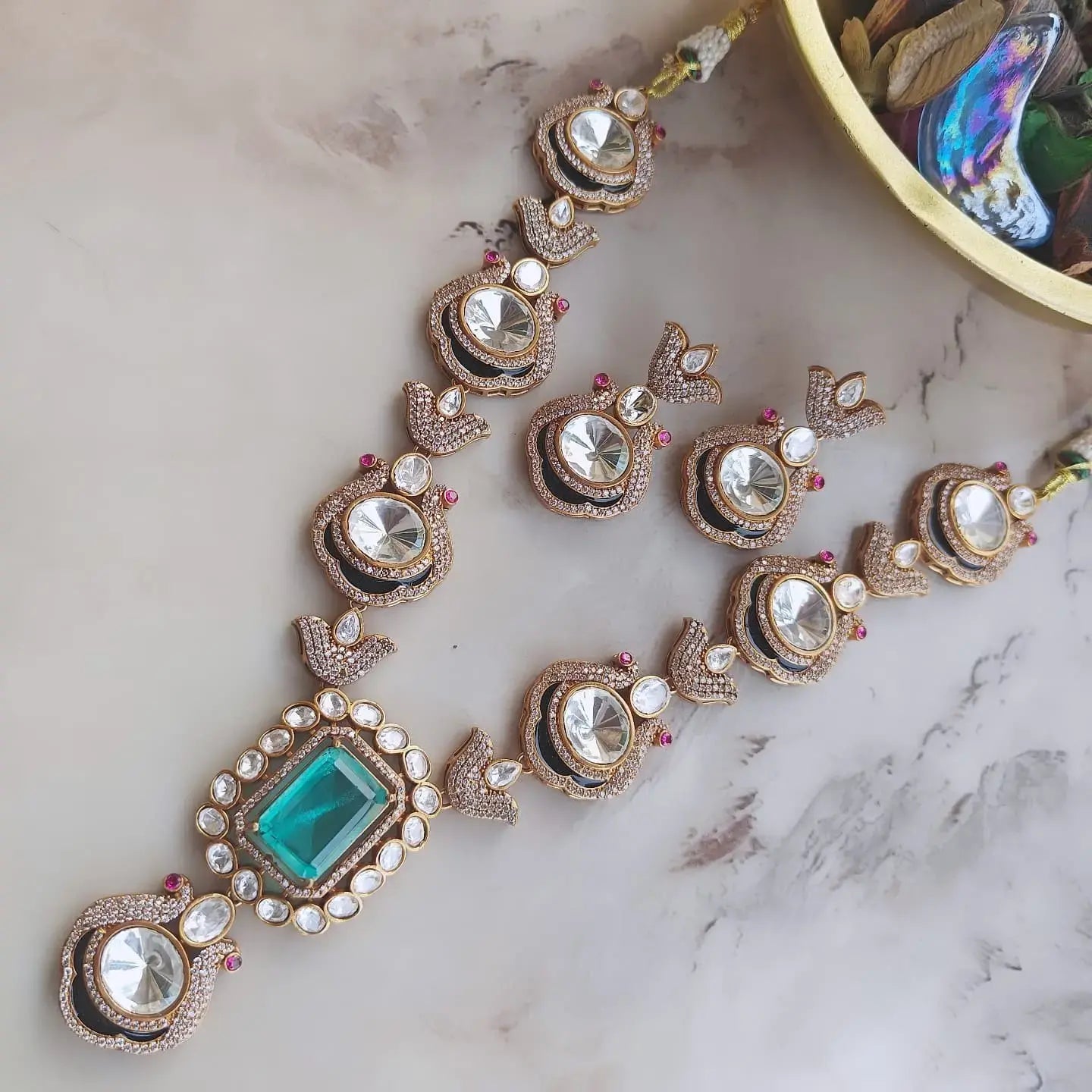 Sabyasachi Inspired Mirza Doublet N Uncut Polki Necklace Set - Turquoise
