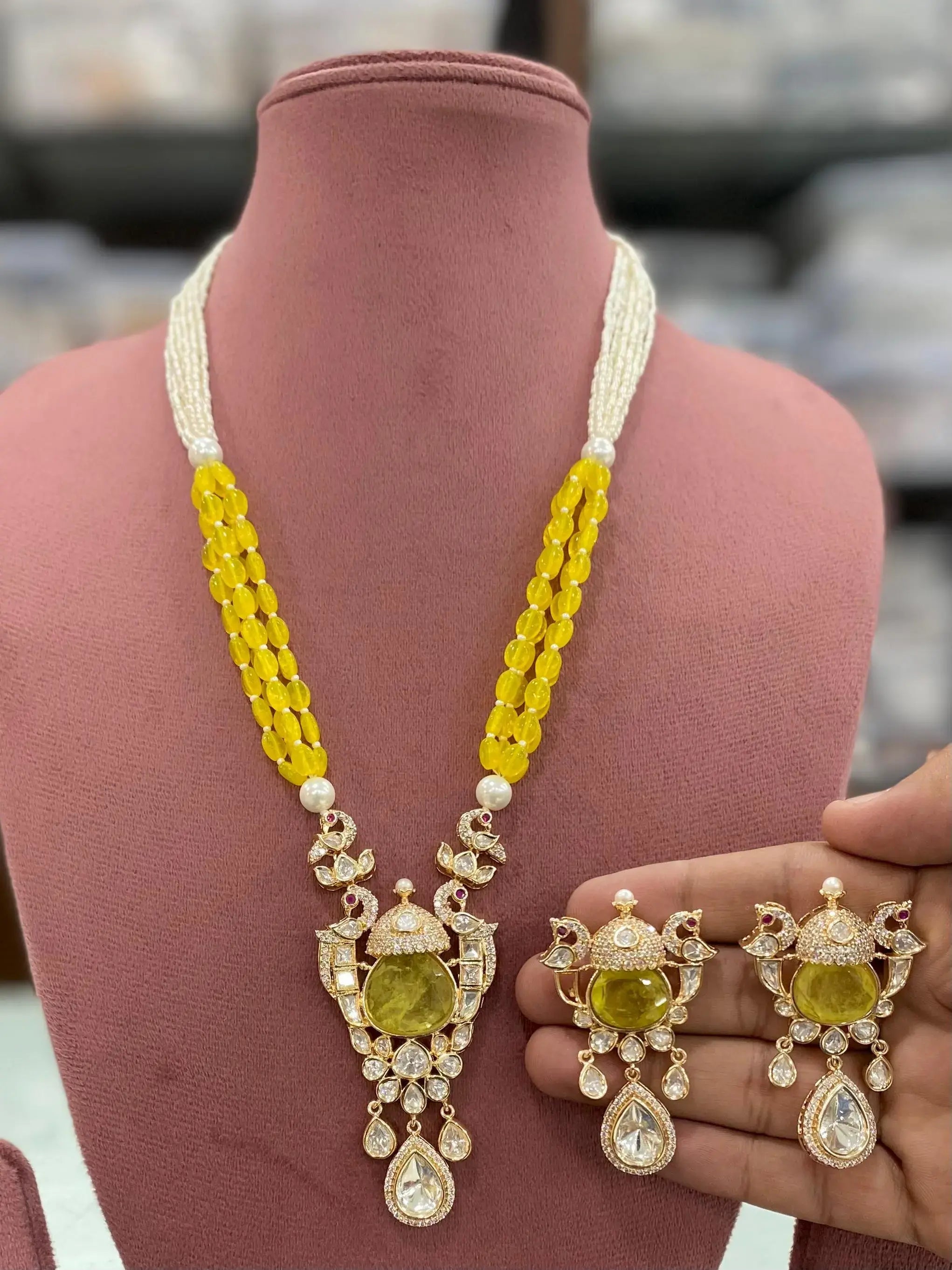 Fitoor Doublet and Moissanite Long Necklace Set - Yellow