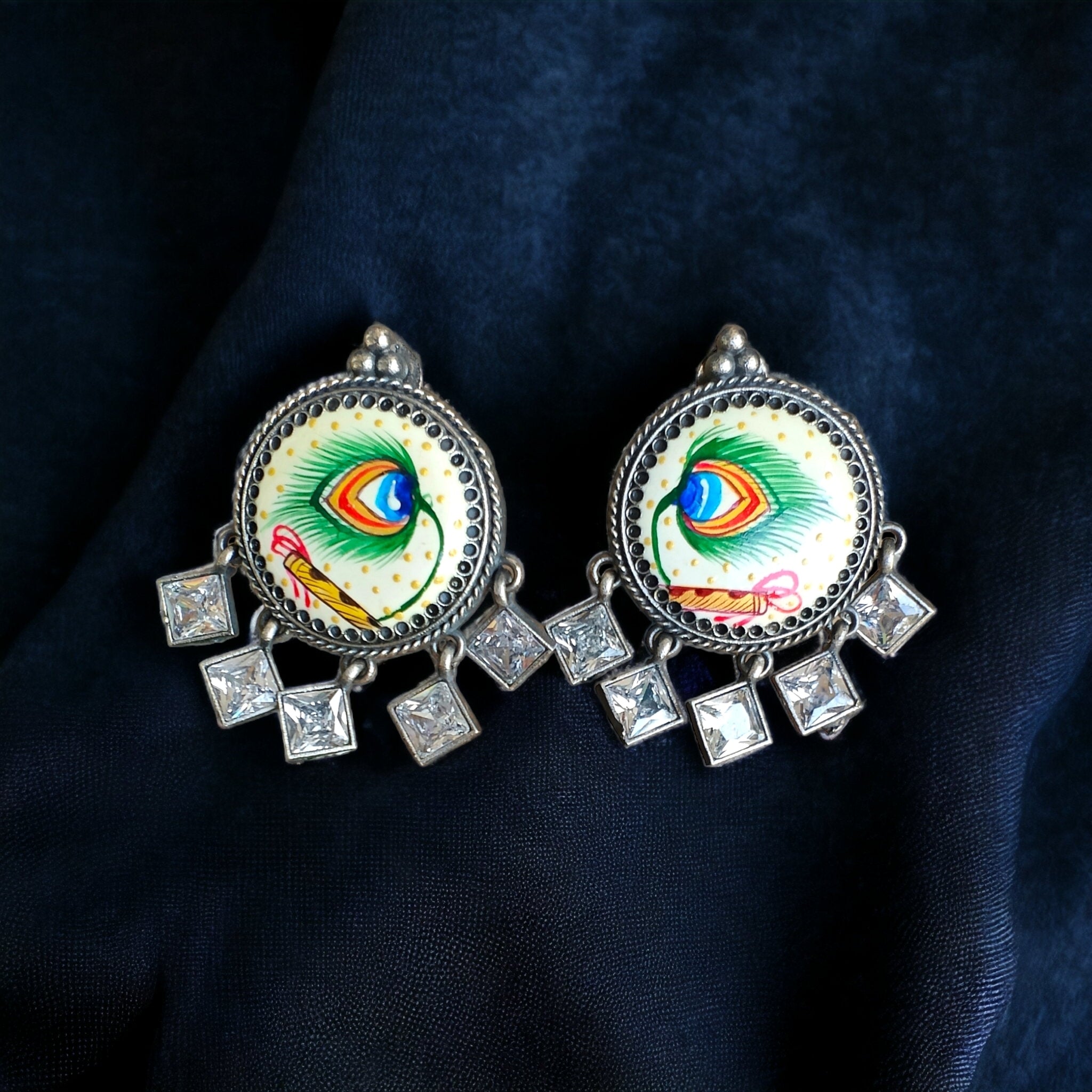 Hand Painted Brass Earrings- Cream