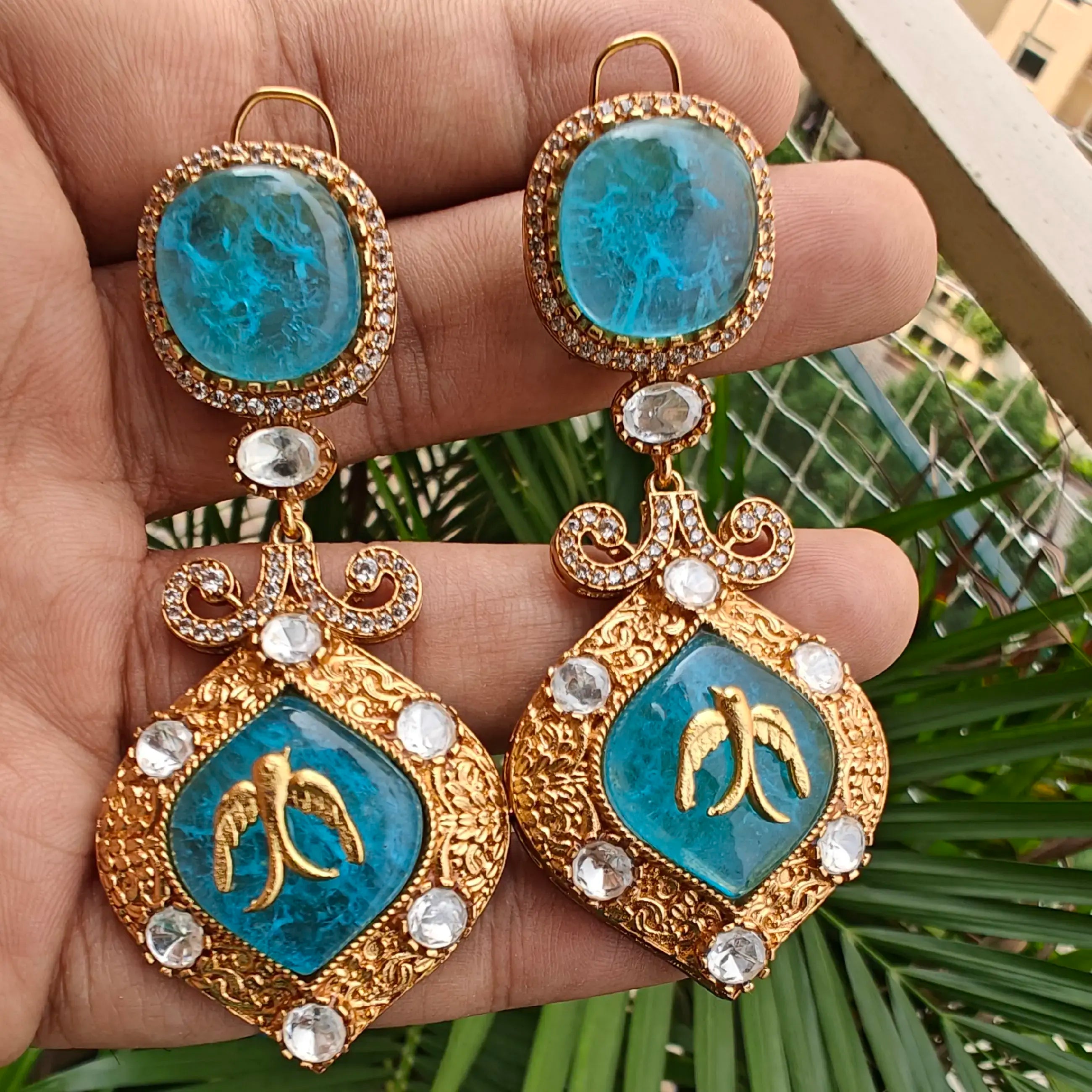 Laila Cabochon Doublet Statement Earrings - Sky Blue