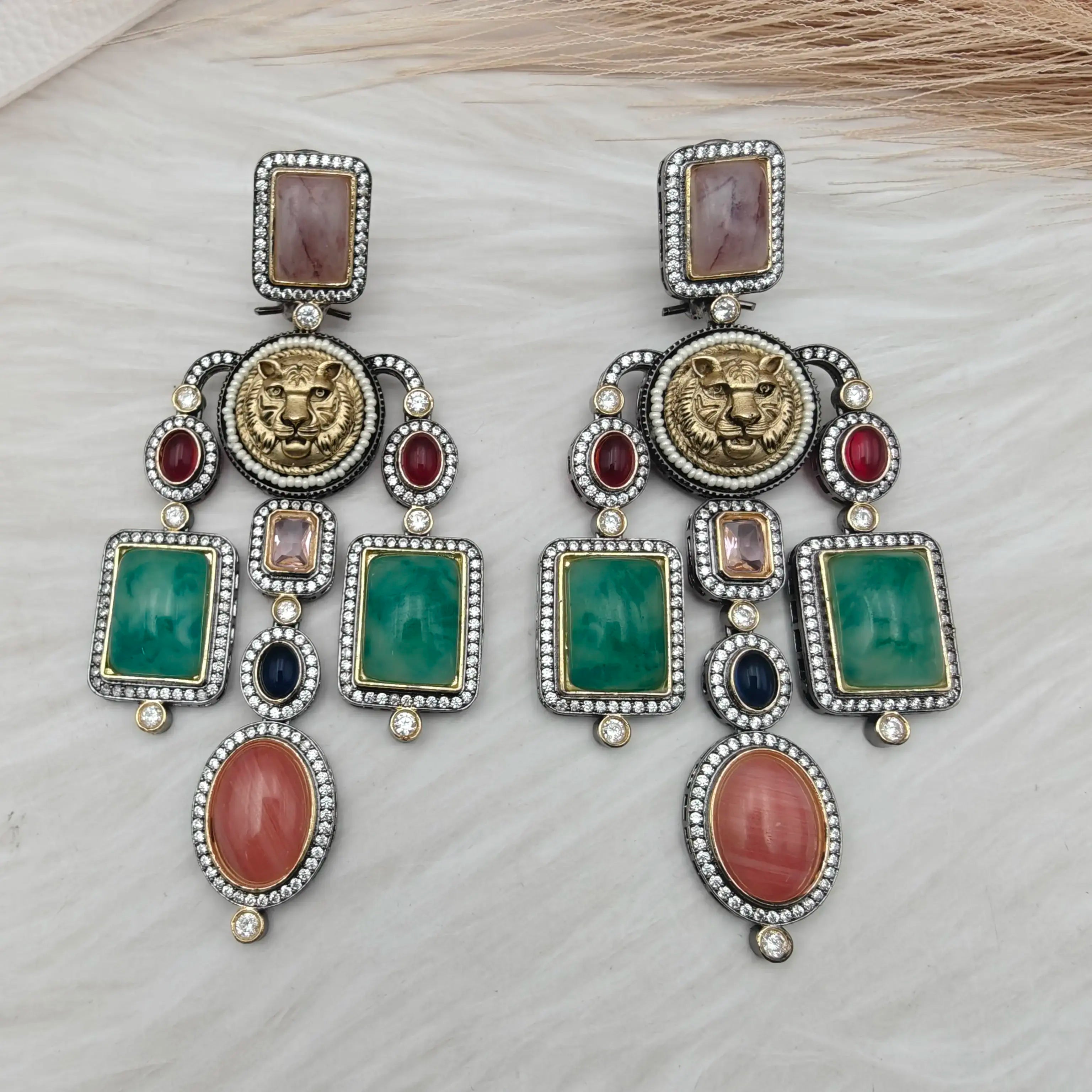 Sabyasachi Inspired Bagh Statement Earrings - Mauve Green Multi