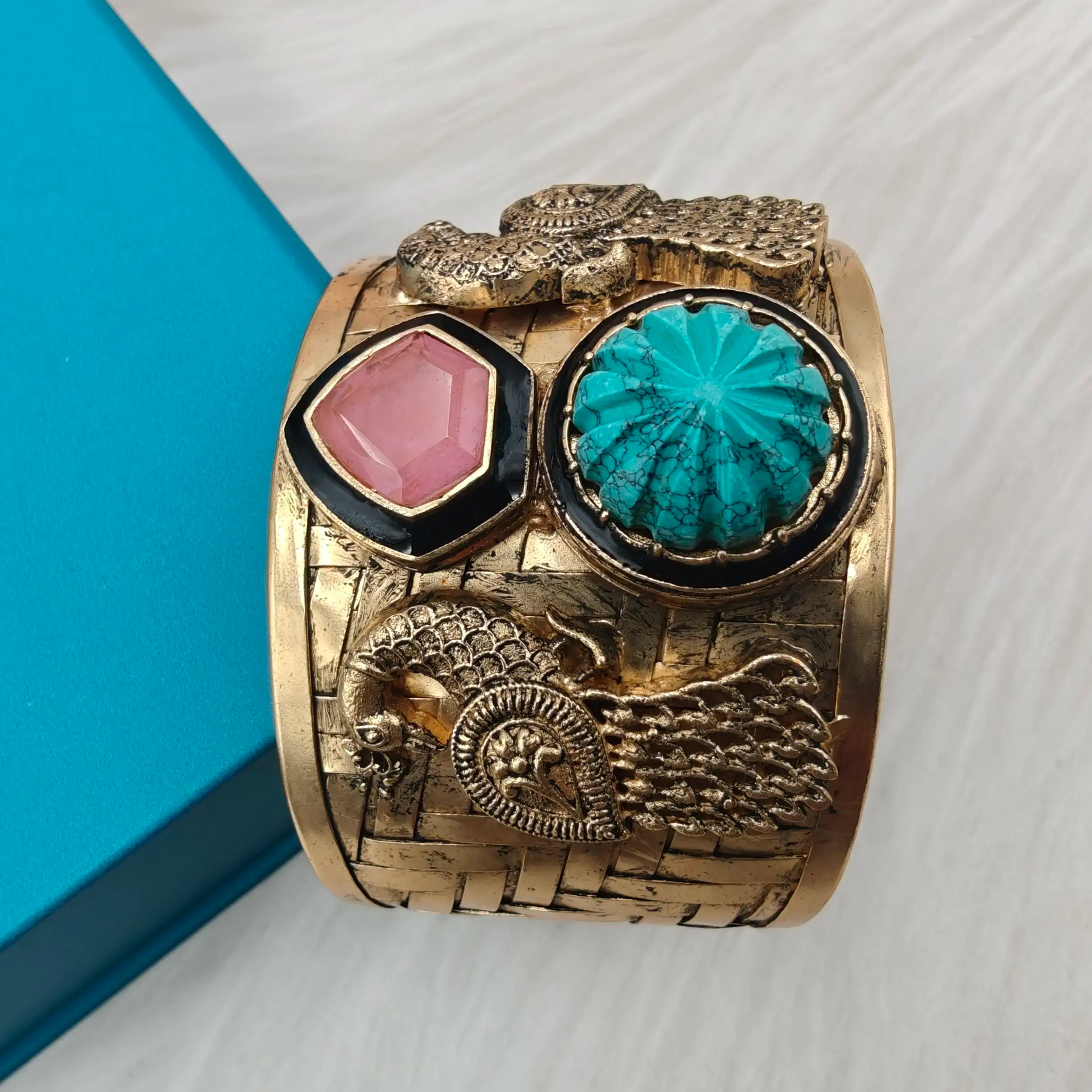 Manora Handcrafted Amrapali Brass Fusion Handcuff- Turquoise n Pink