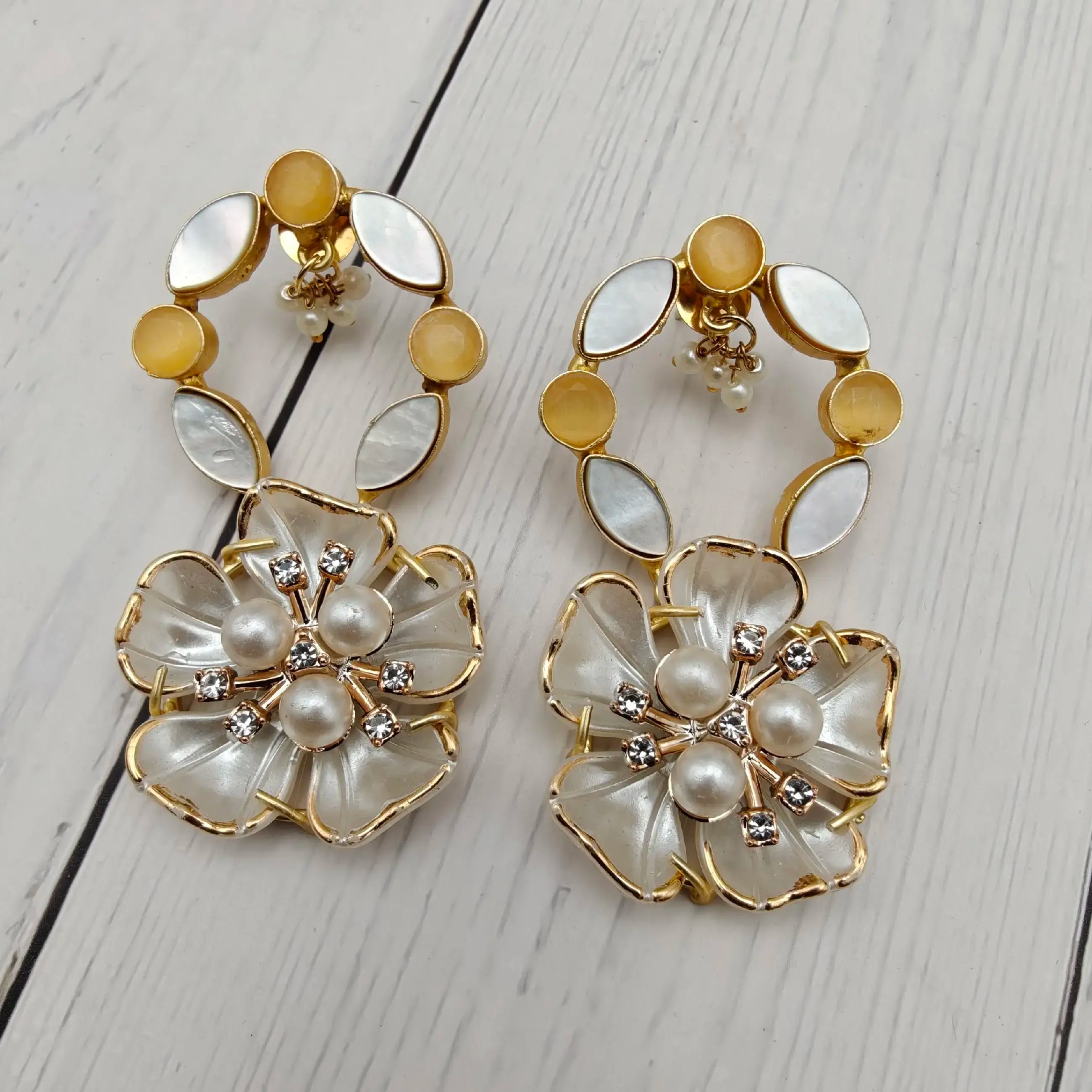 Floria Mother Of Pearl Statement Earrings - Mustard Yellow