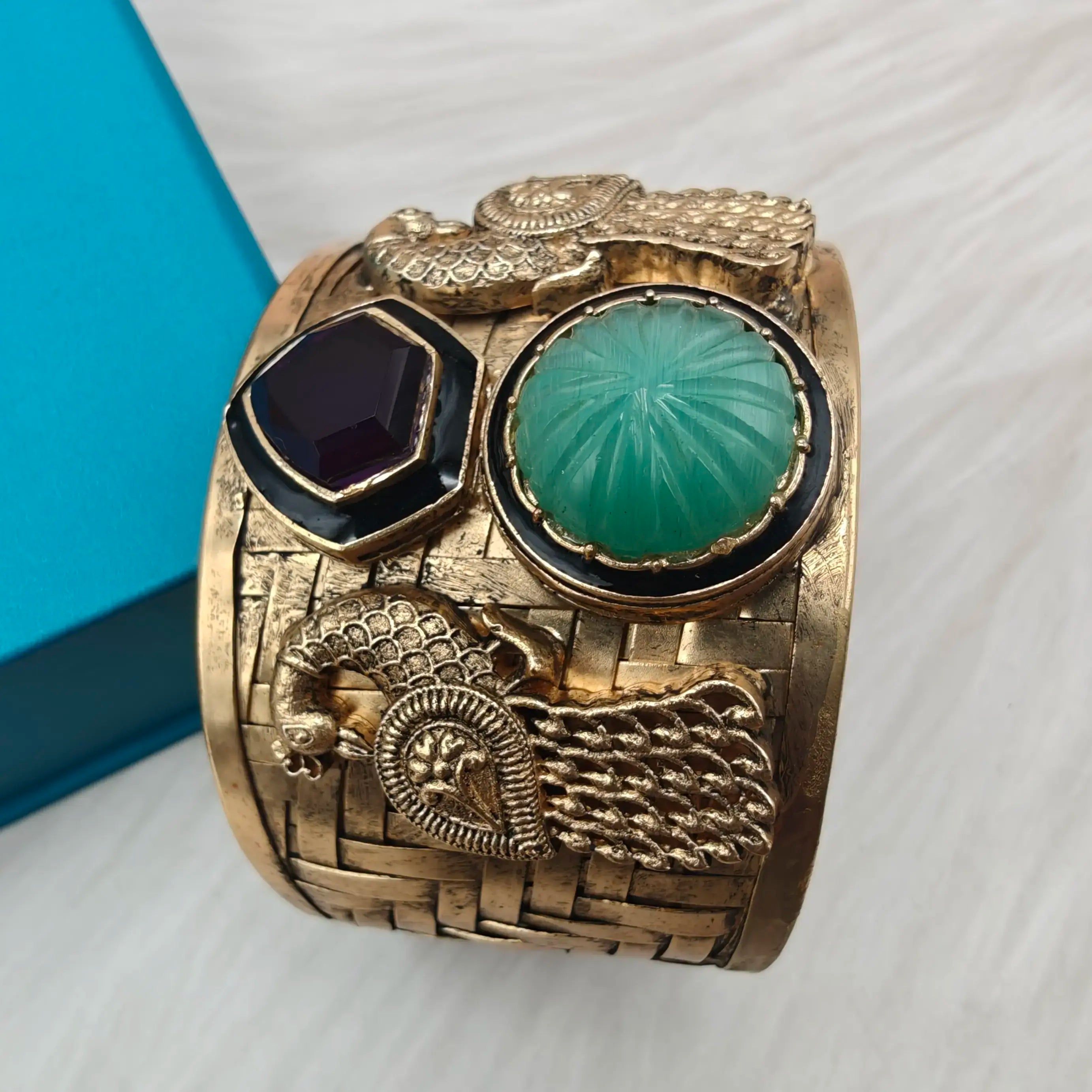 Manora Handcrafted Amrapali Brass Fusion Handcuff- Mint n Purple