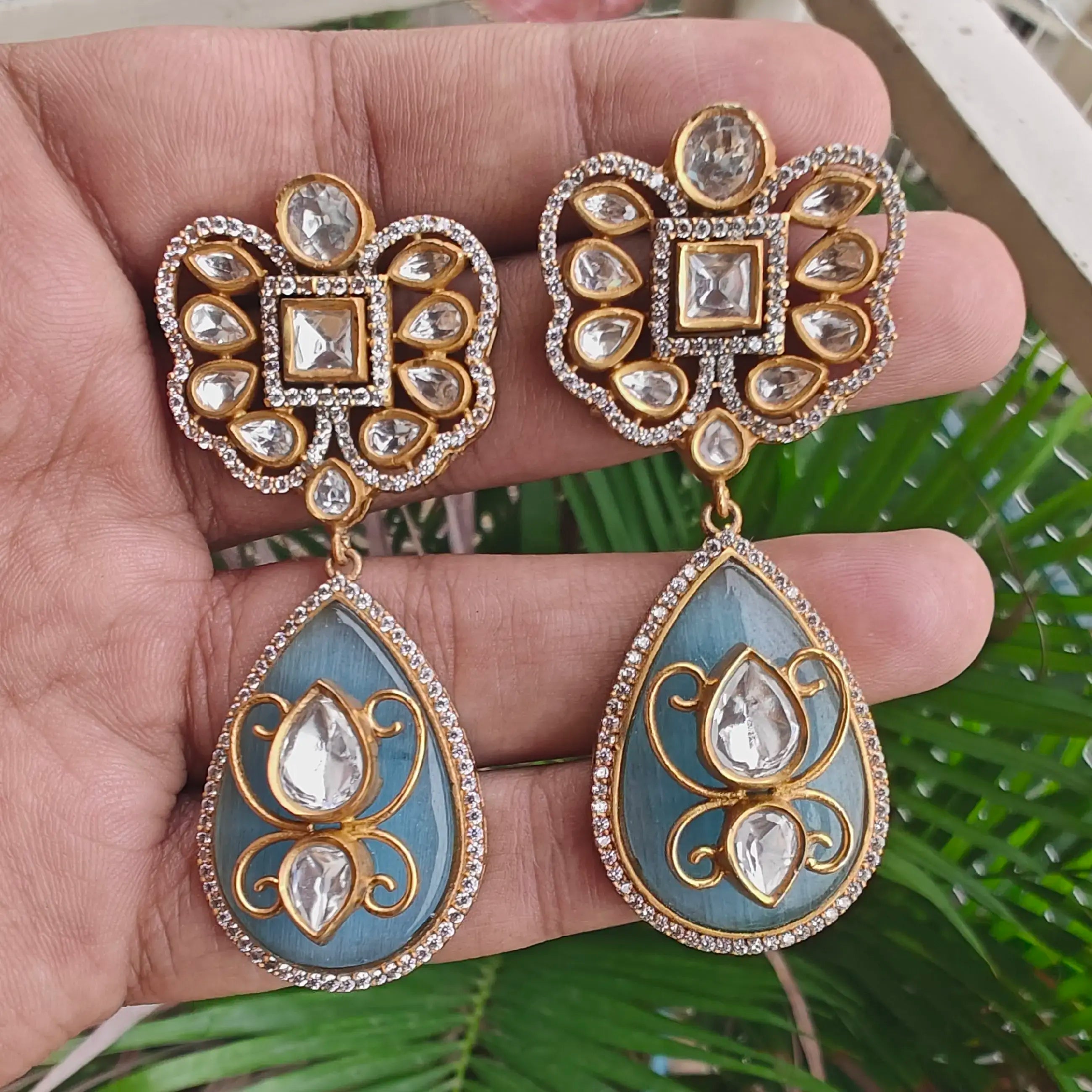 Kasak Uncut Polki Statement Earrings - Sky Blue