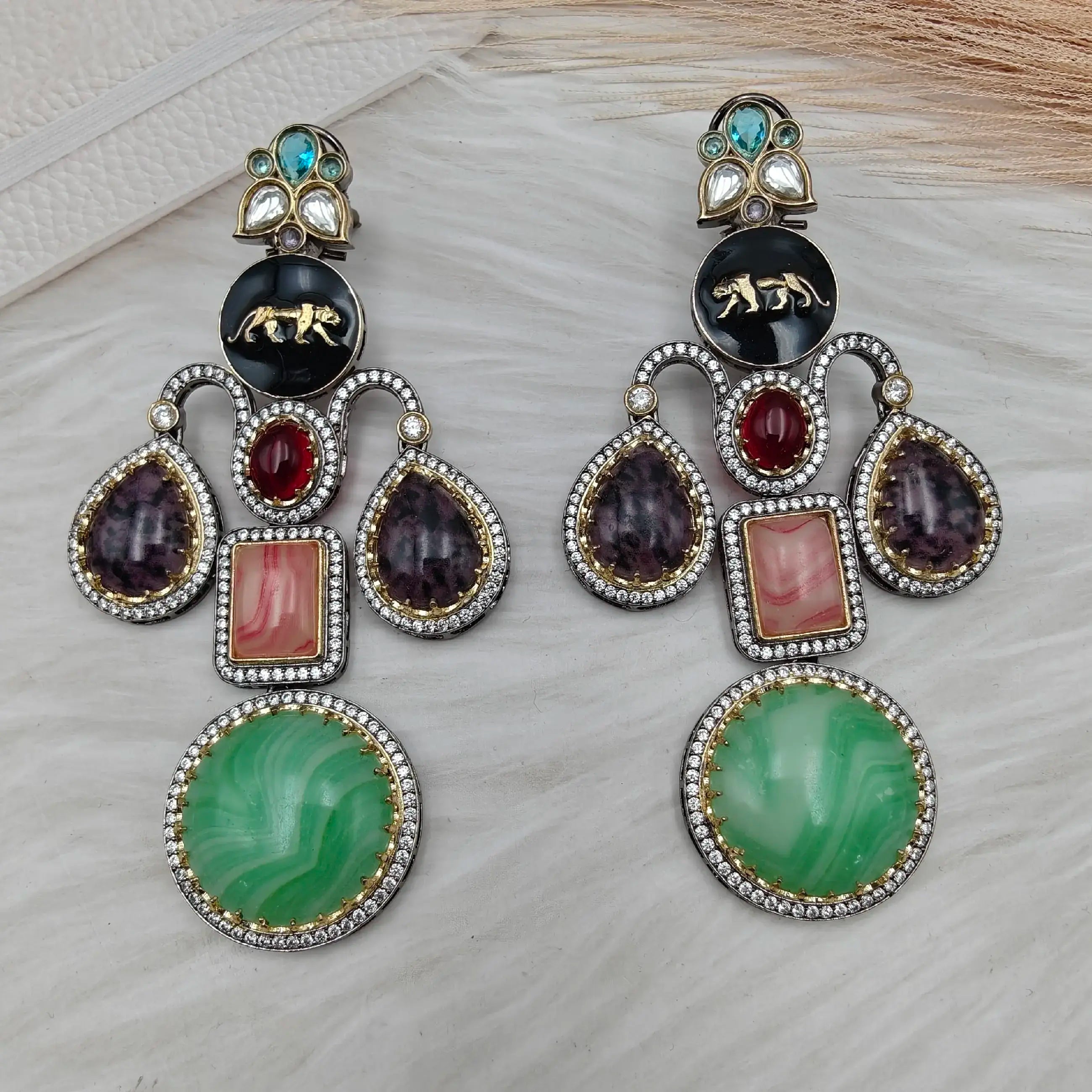 Sabyasachi Inspired Jaguar Masaba Chandelier Earrings- Mint Multi