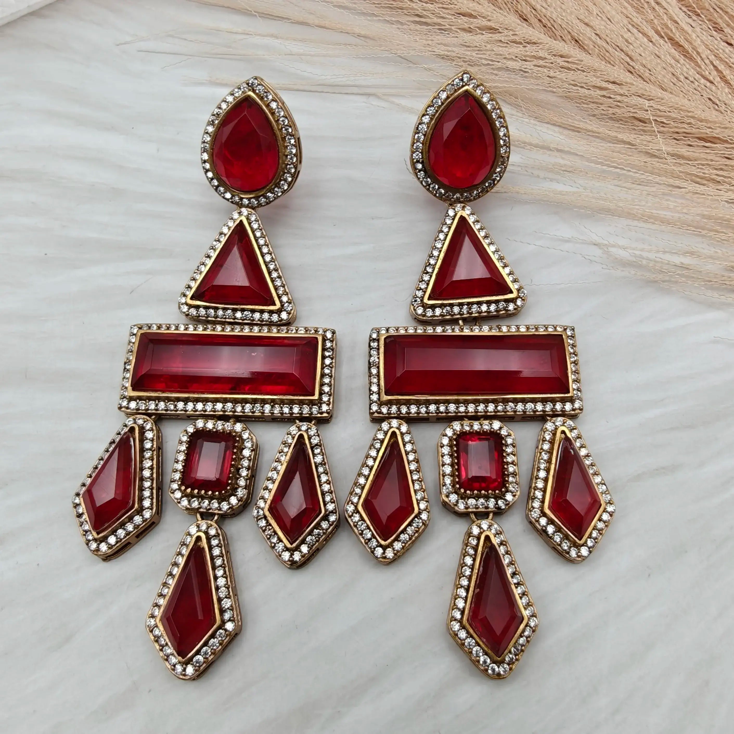 Luxe Boho Doublet Chandelier Earrings - Red