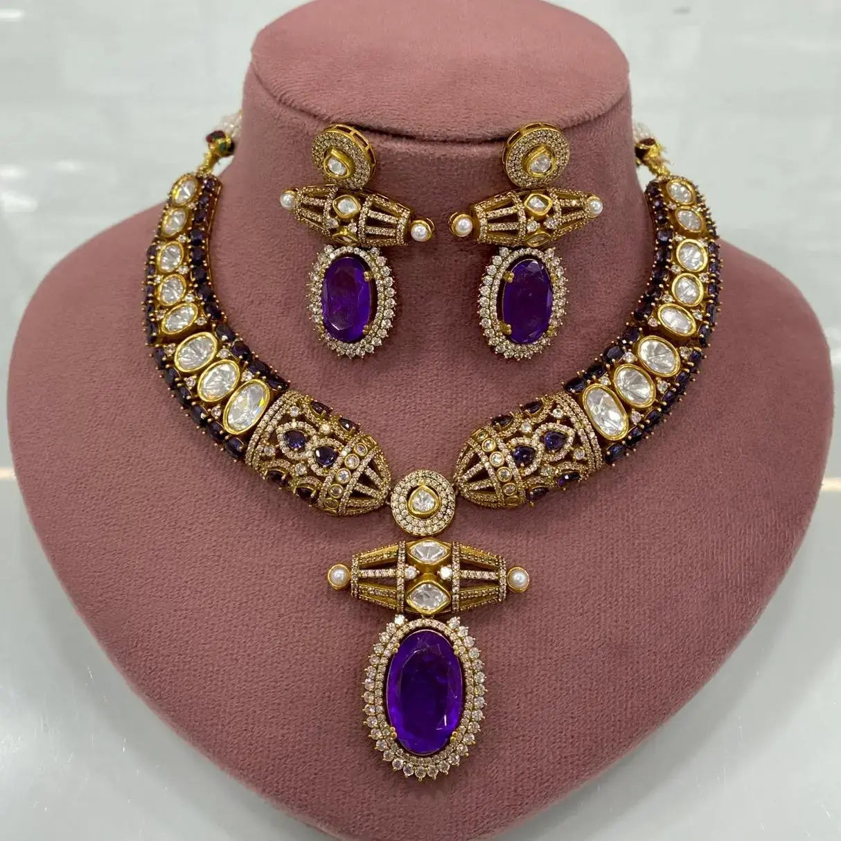 Adshita Doublet Uncut Moissanite Hasli Necklace Set - Purple