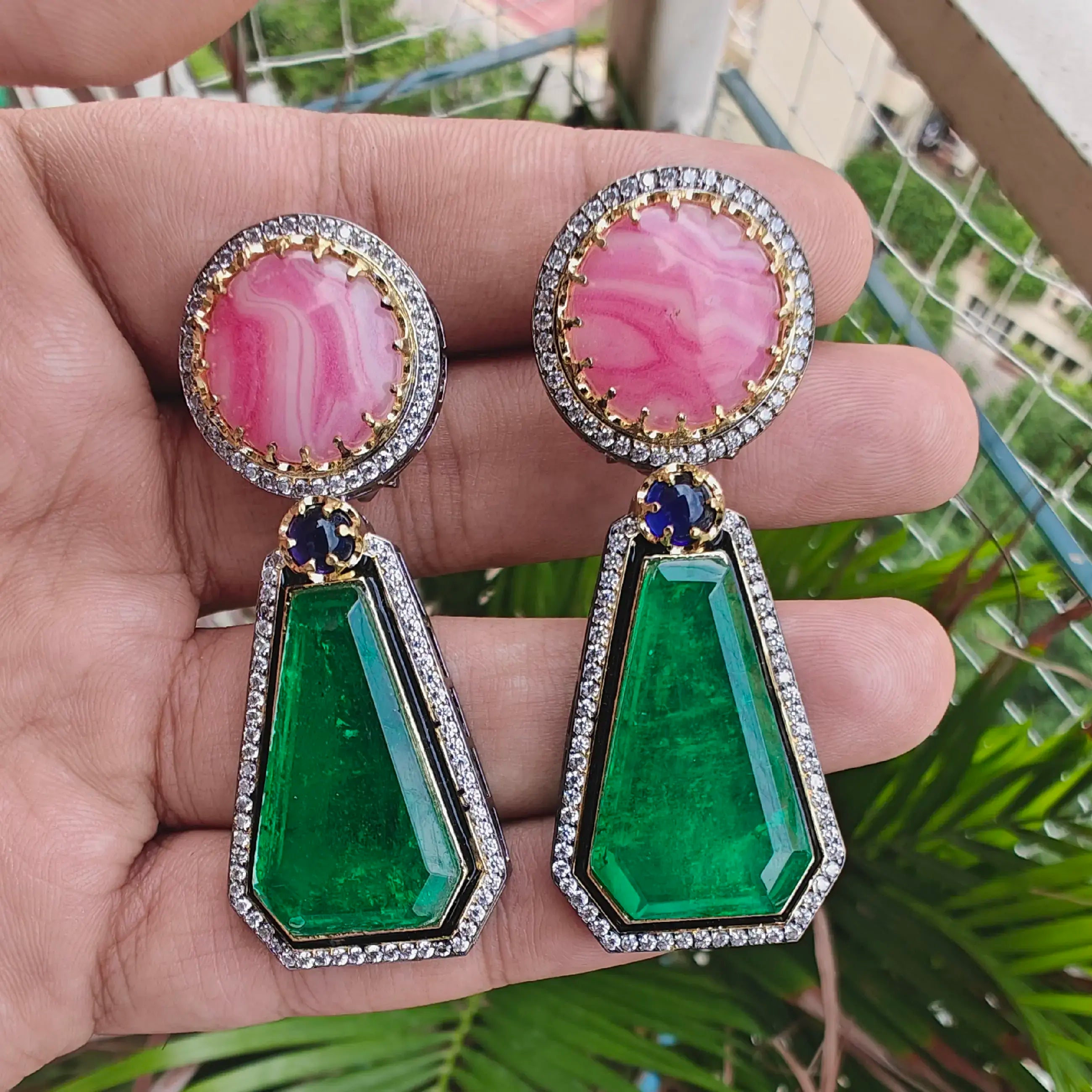 Muskaan Doublet Statement Sabyasachi Inspired Earrings- Green And Onion Pink