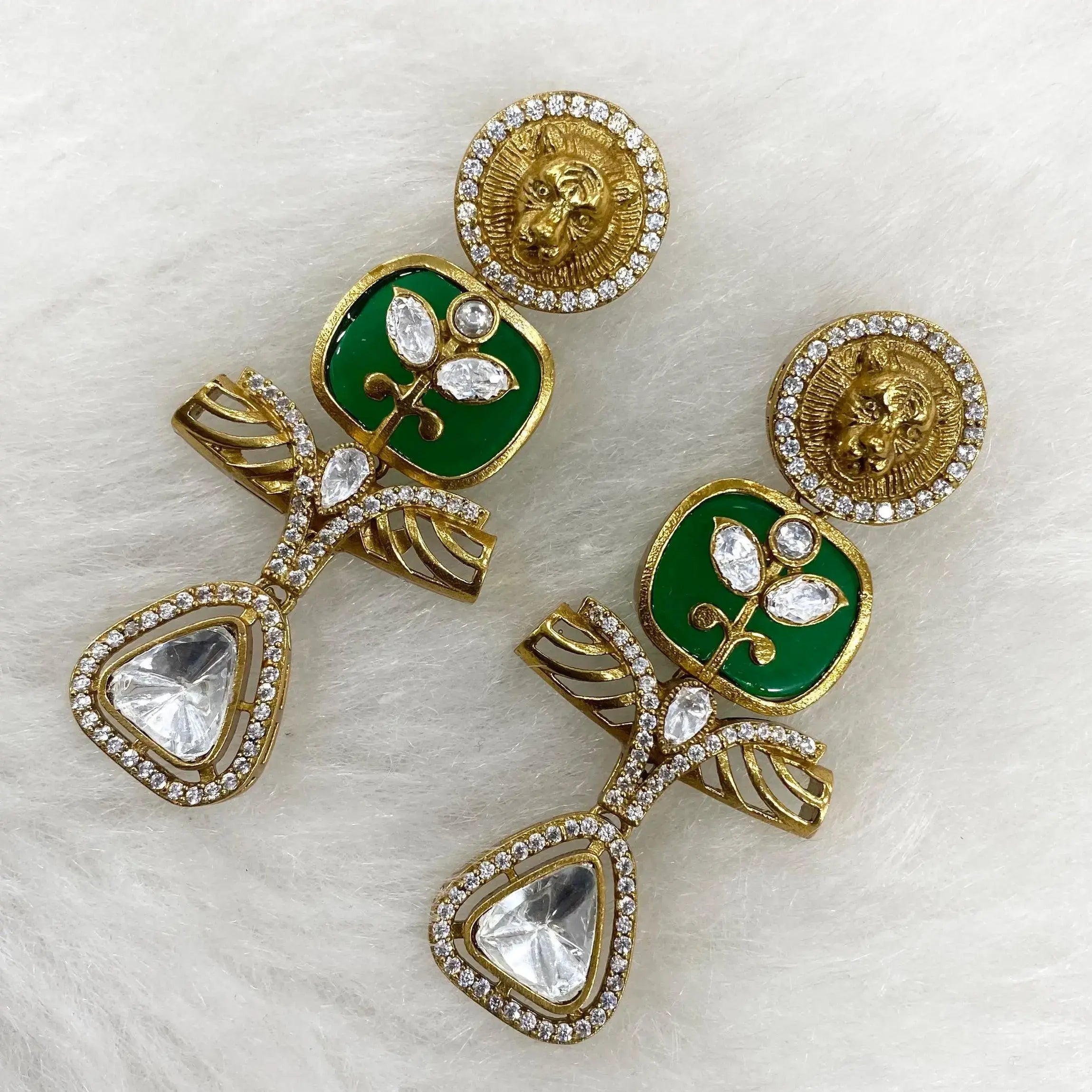 Bagh Holdali Uncut Moissanite Polki Earrings - Green