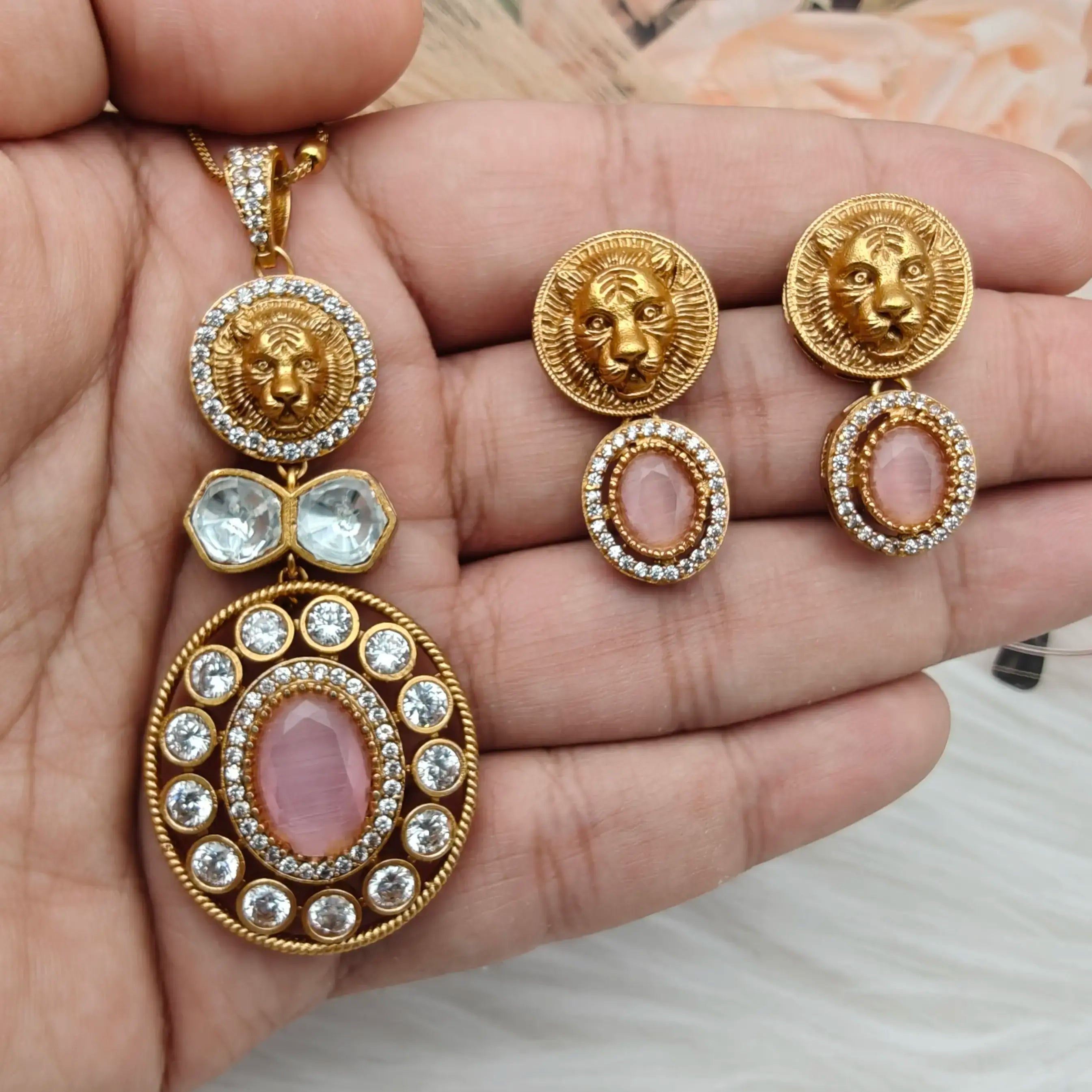 Sabyasachi Inspired Saha Polki Pendant Set - Pink