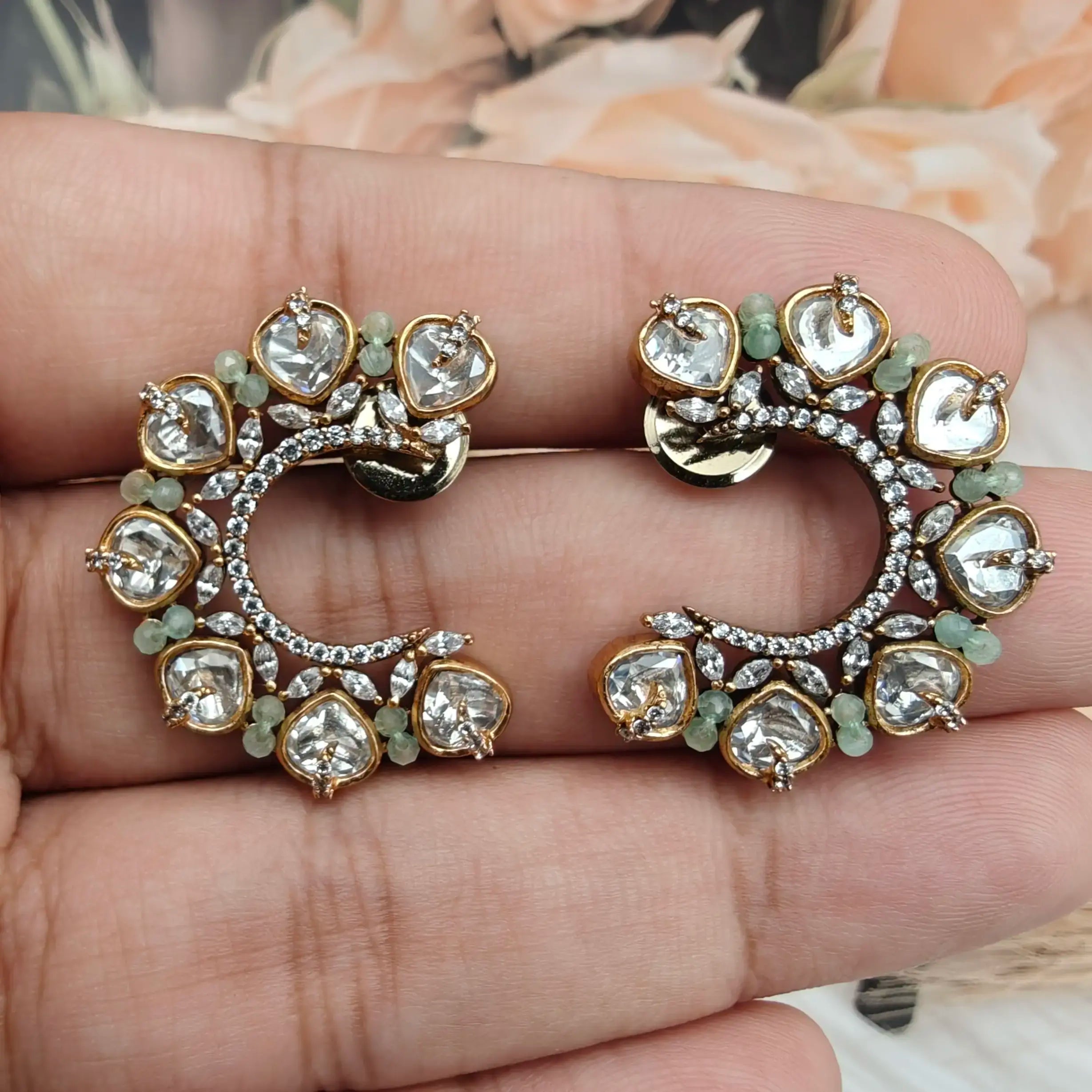 Roshani Uncut Polki with Onyx beads Half Hoops- Mint
