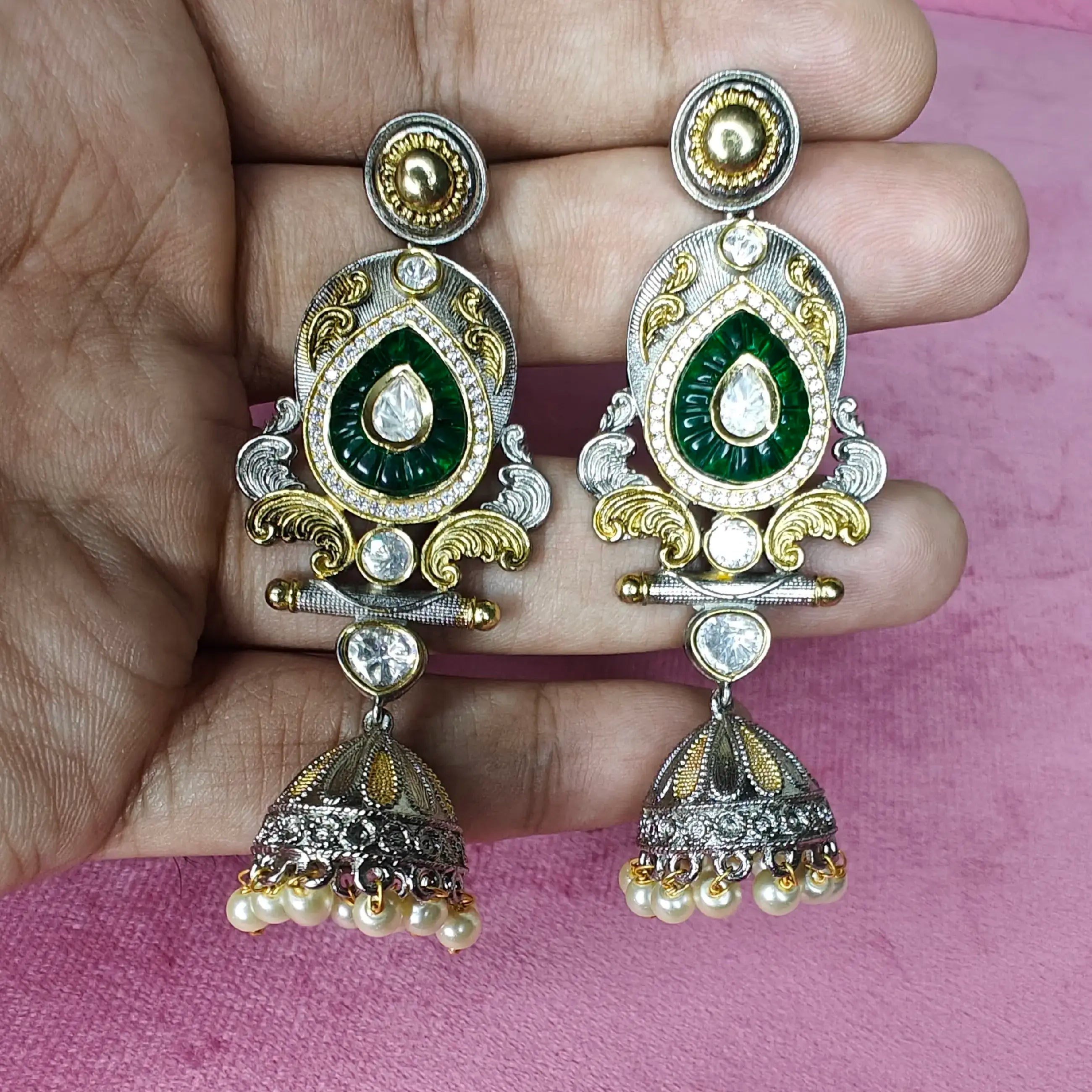 Dual Tone Moissanite Premium Damini Jhumki- Green