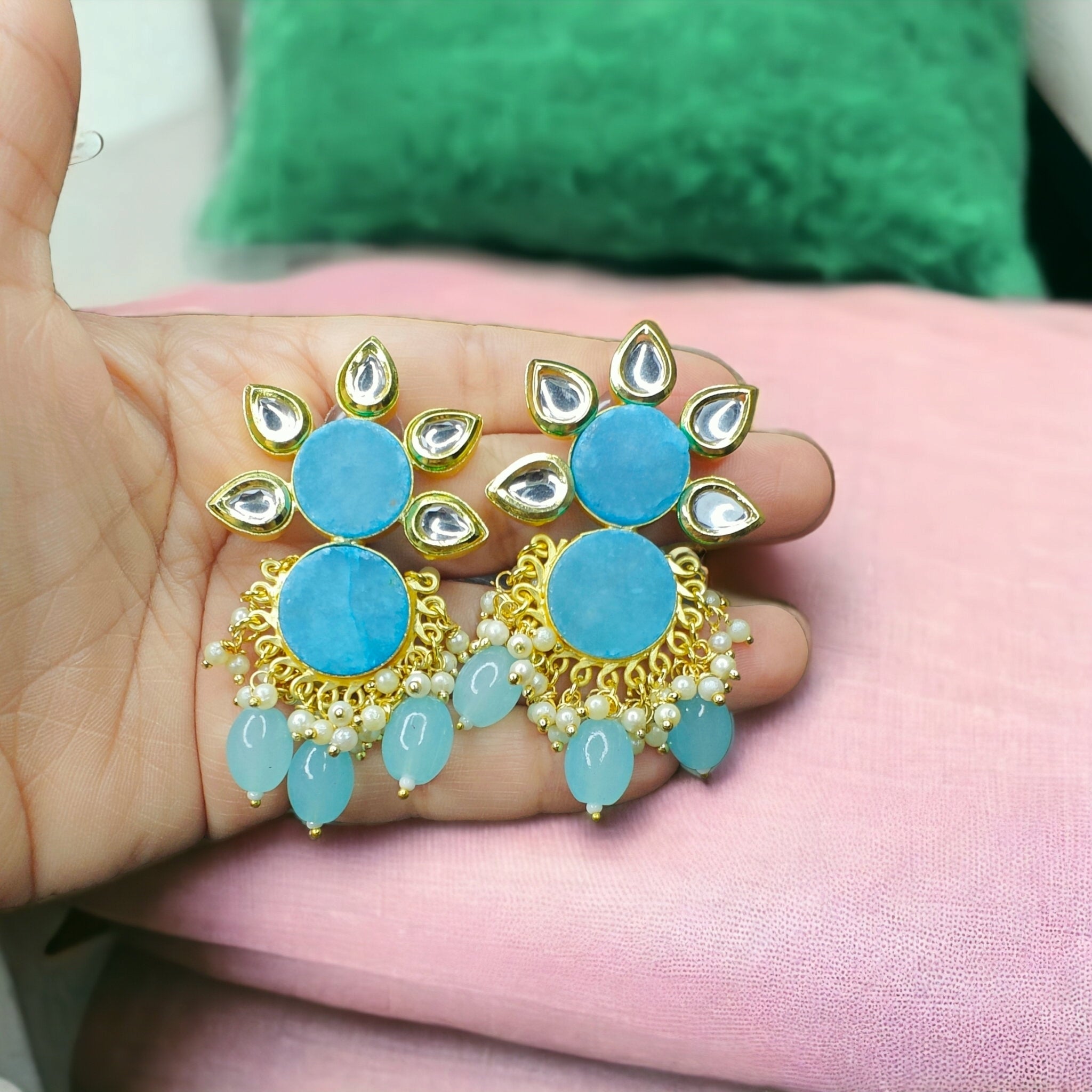 Druzy Kundan Earrings- Sky Blue