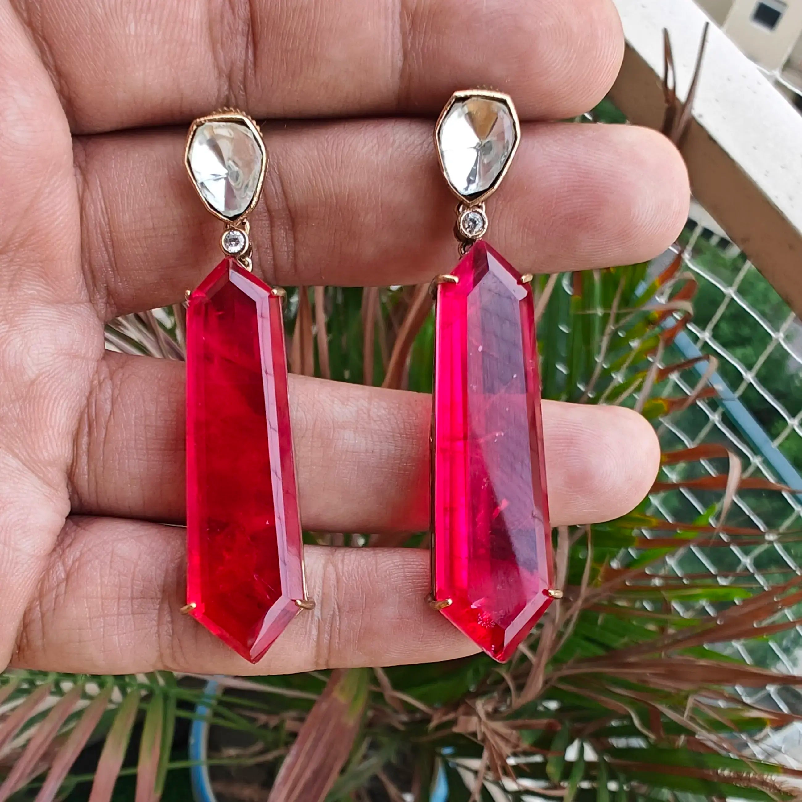 Kavya Doublet Uncut Polki Earrings- Ruby