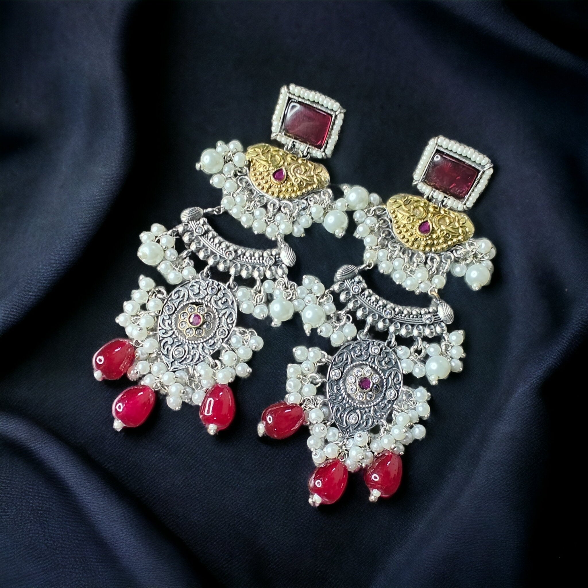 Gajra Moti Fusion Dual Tone Earrings- Ruby
