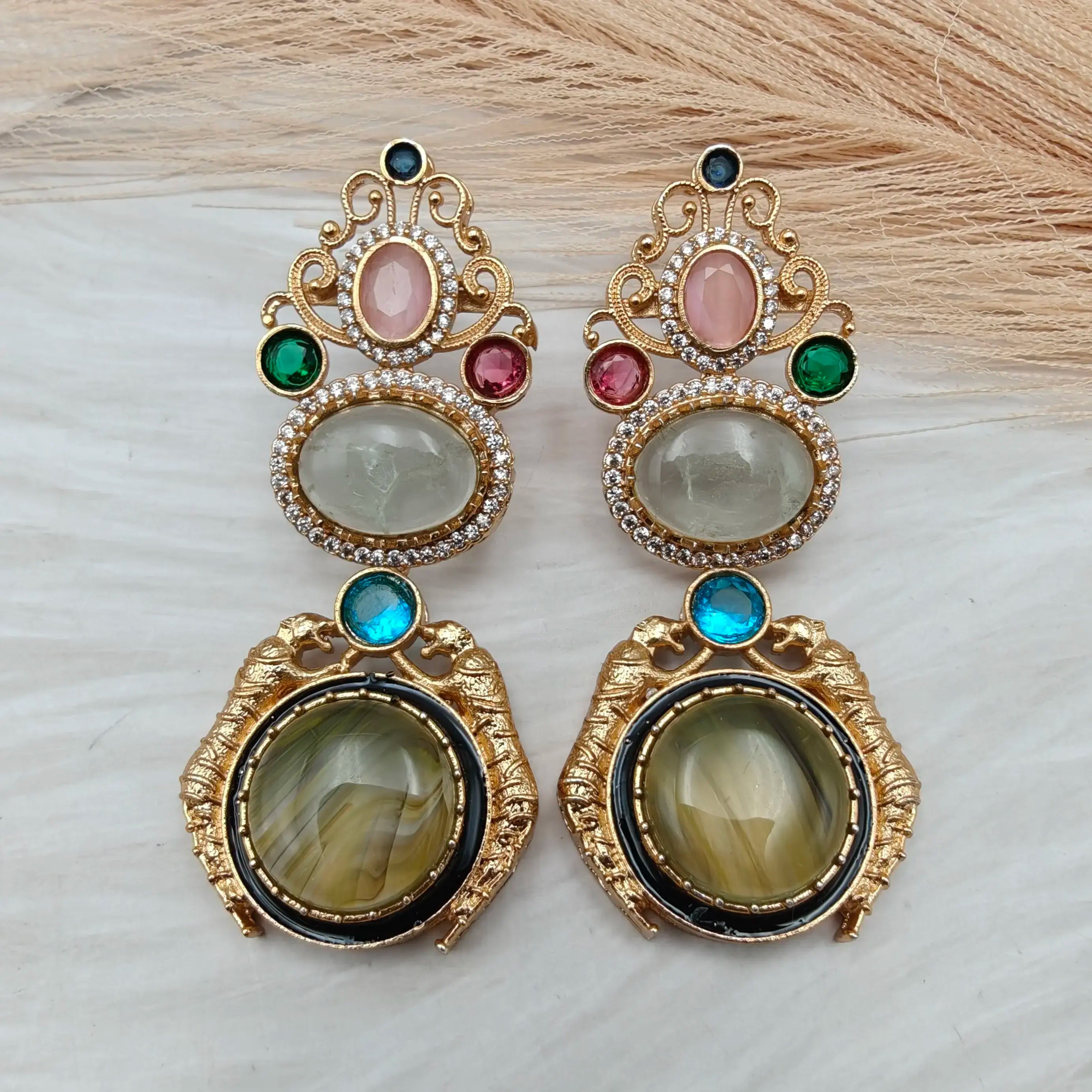 Navrang Jaguar Earrings - Olive Green n Mint