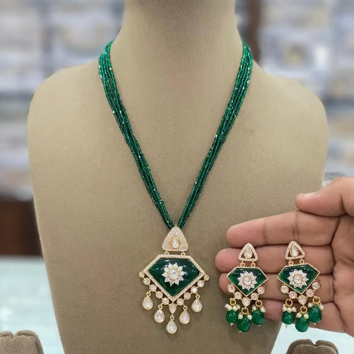 Nimrat Shell Stone Uncut Polki Moissanite Necklace Set - Green