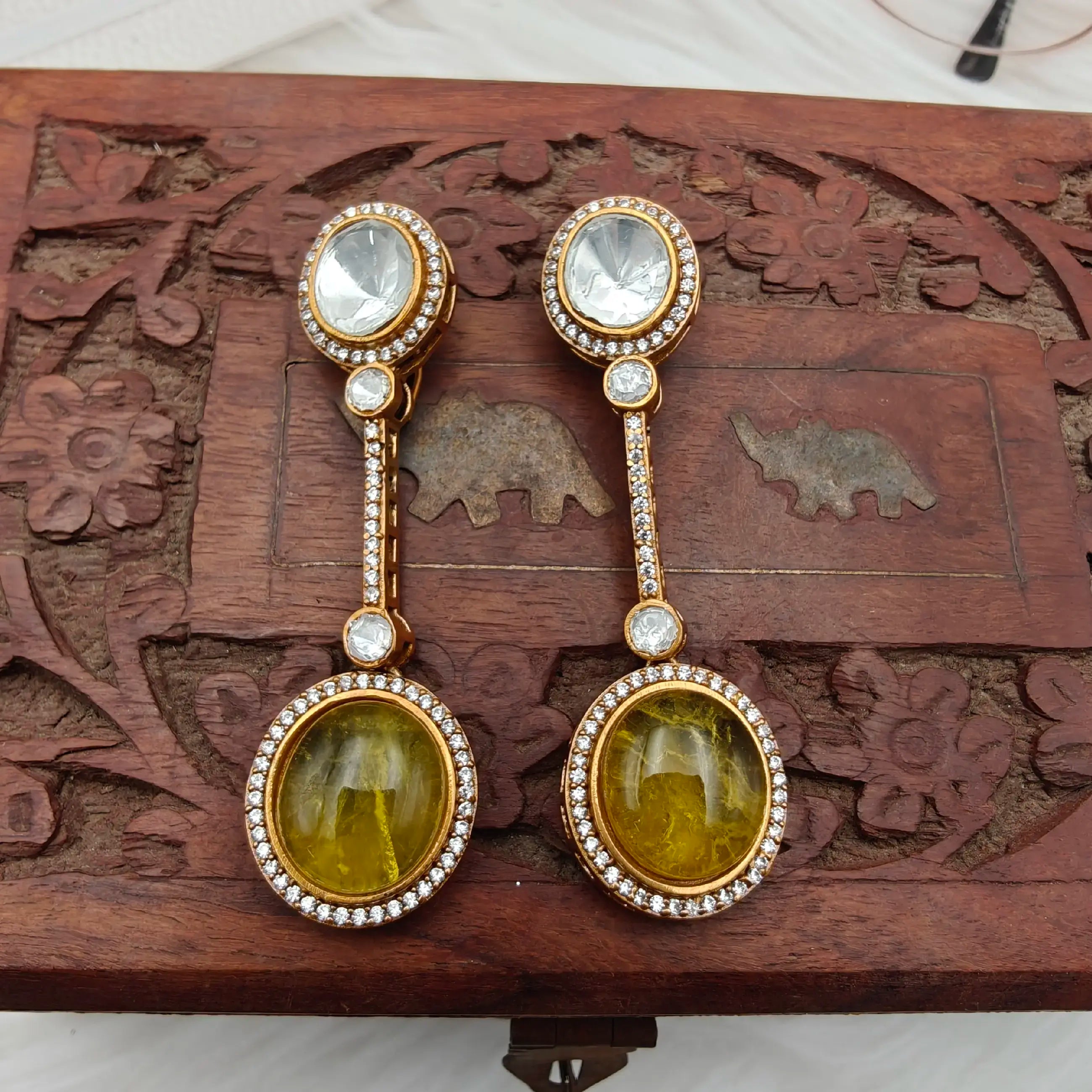 Aarzoo Doublet Uncut Polki Danglers - Yellow