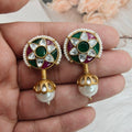 Kash Uncut Polki Natural Stones Pearl Earrings - Green N Ruby