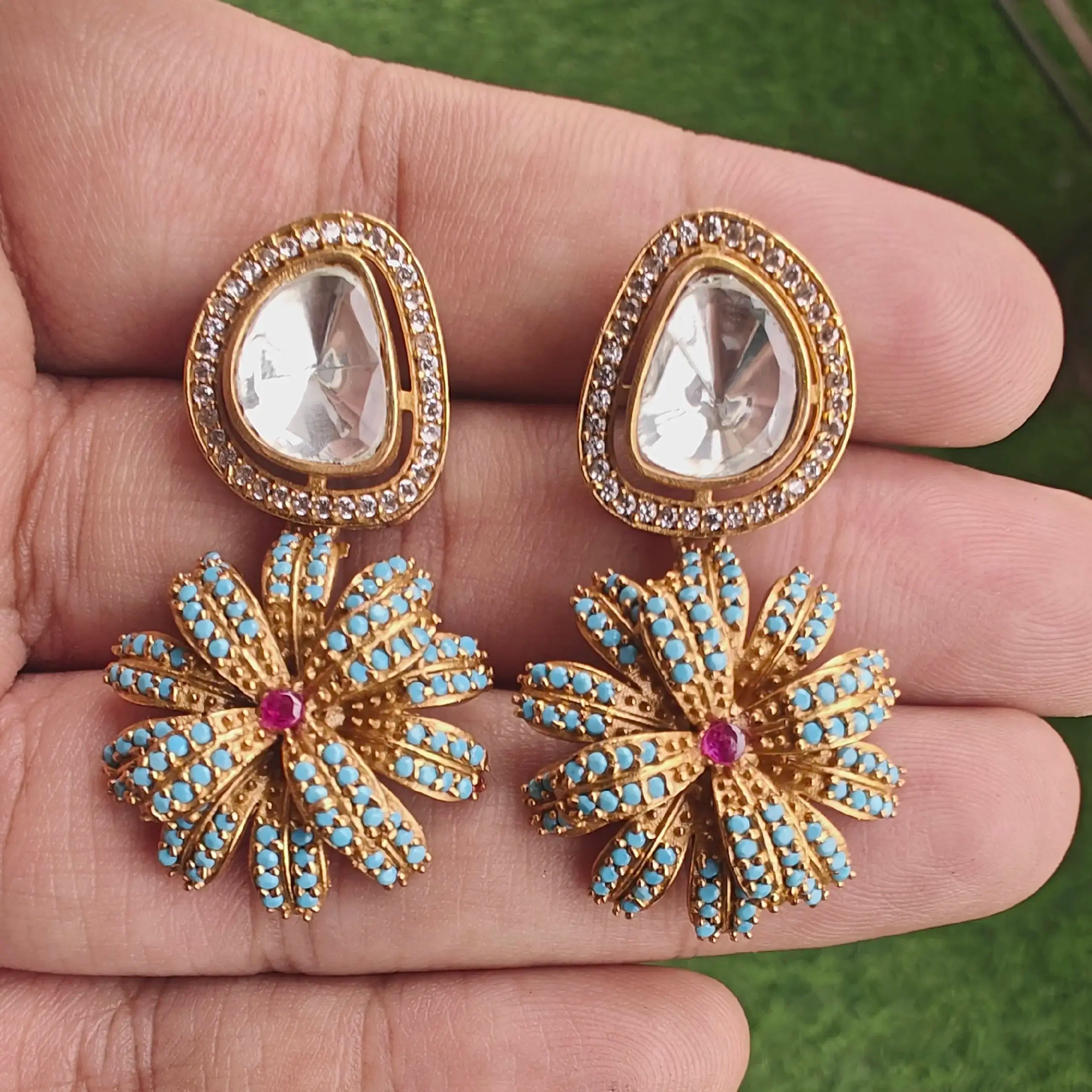 Purvi Moissanite And Jadau AD Earrings- Sky Blue