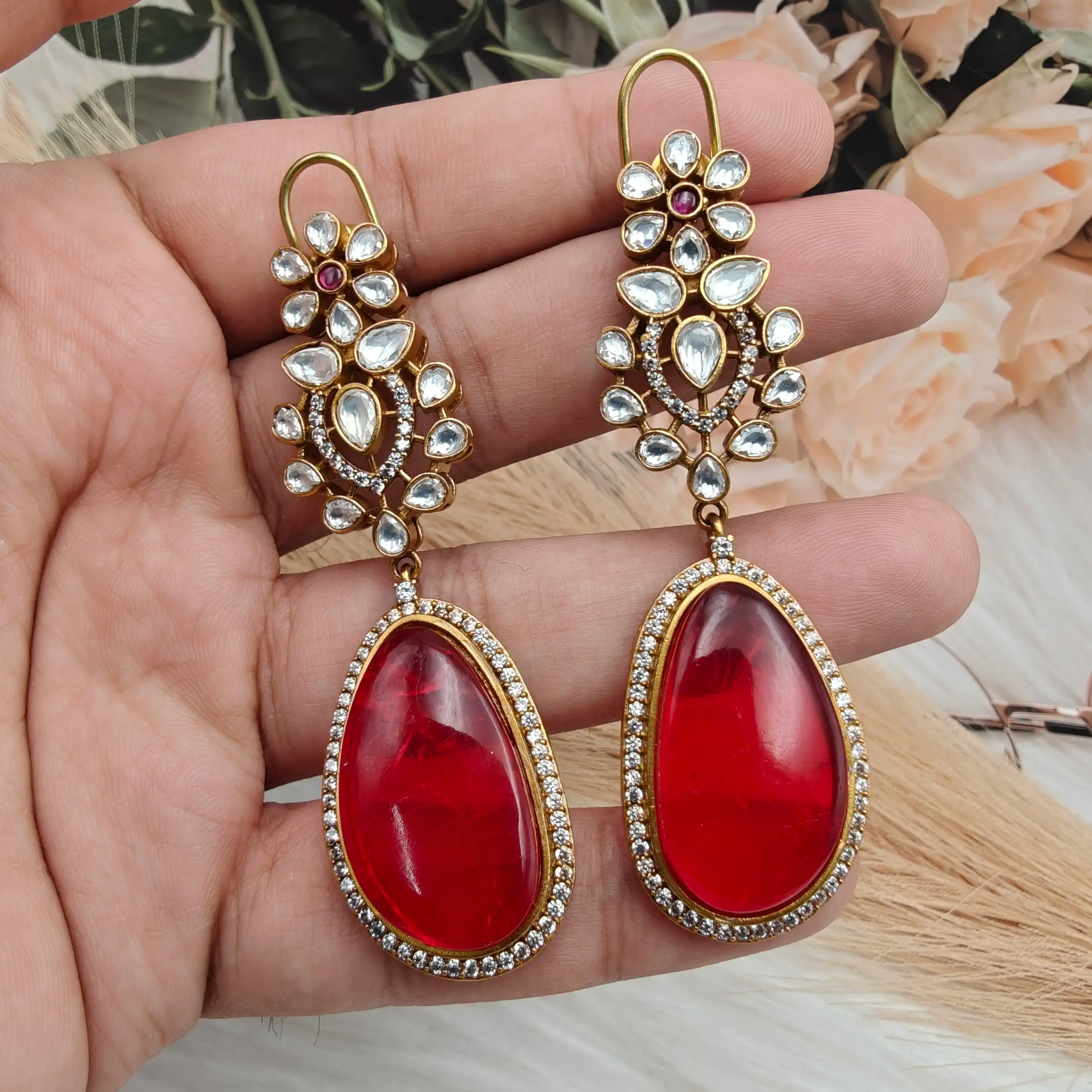 Atreyi Uncut Polki and Doublet Earrings - Red