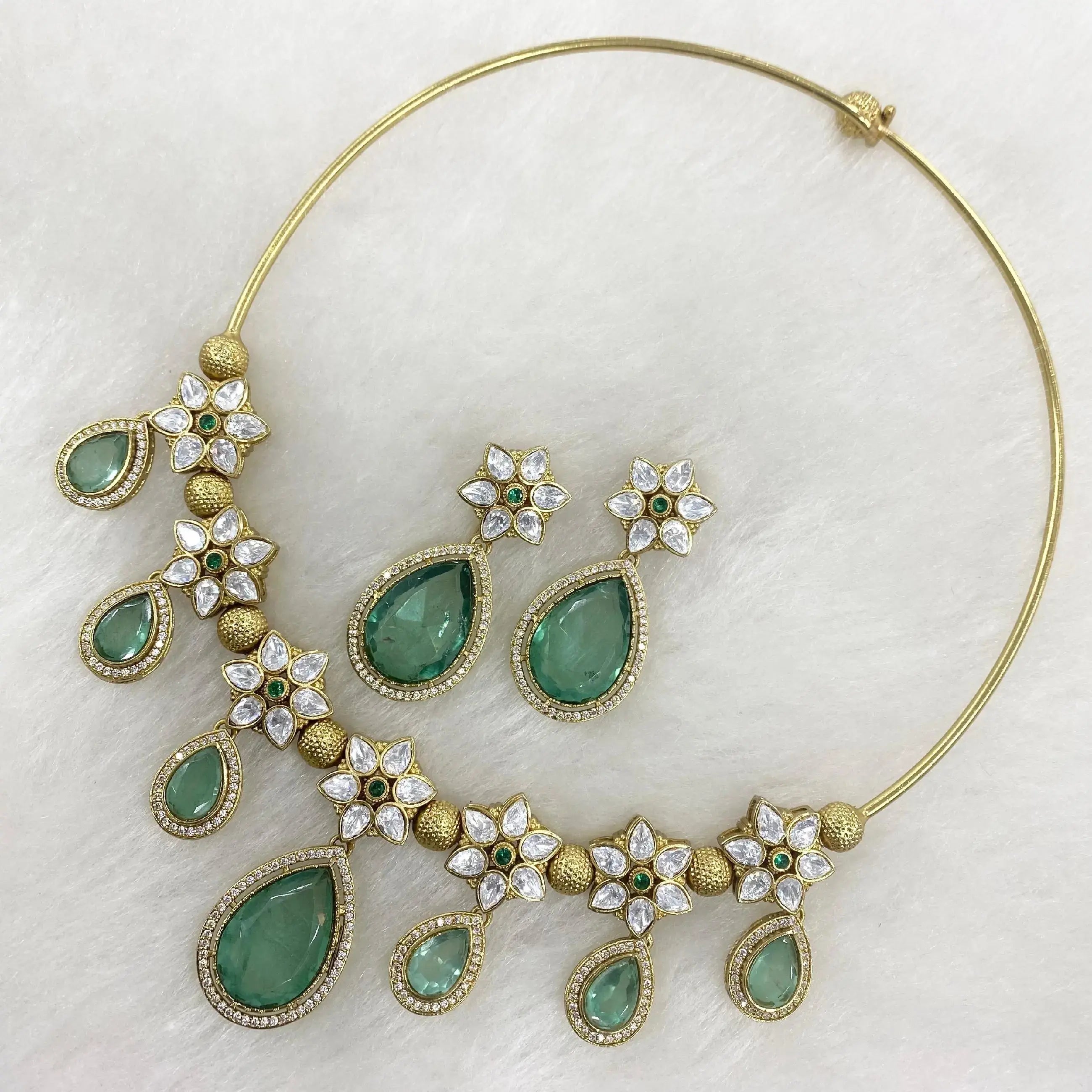 Sunidhi Doublet N Uncut Polki Moissanite Hasli Necklace Set - Mint Green