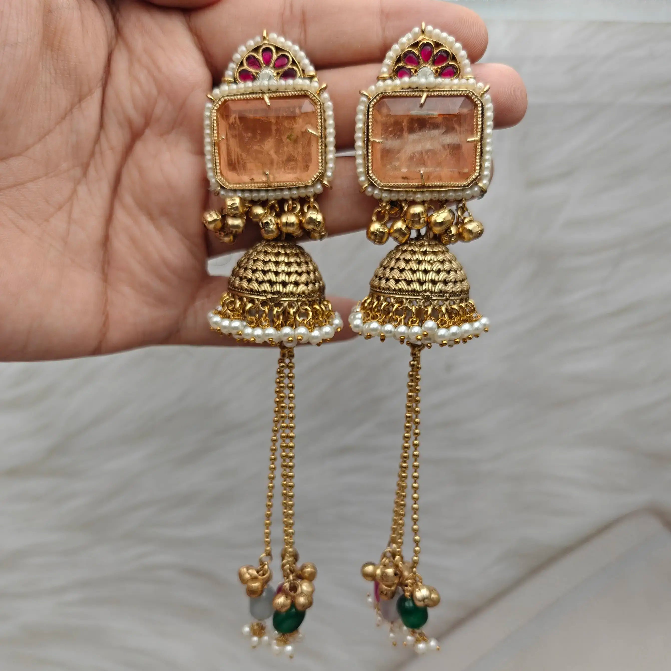 Arya Amrapali Brass Fusion Jhumki- Peach n Ruby