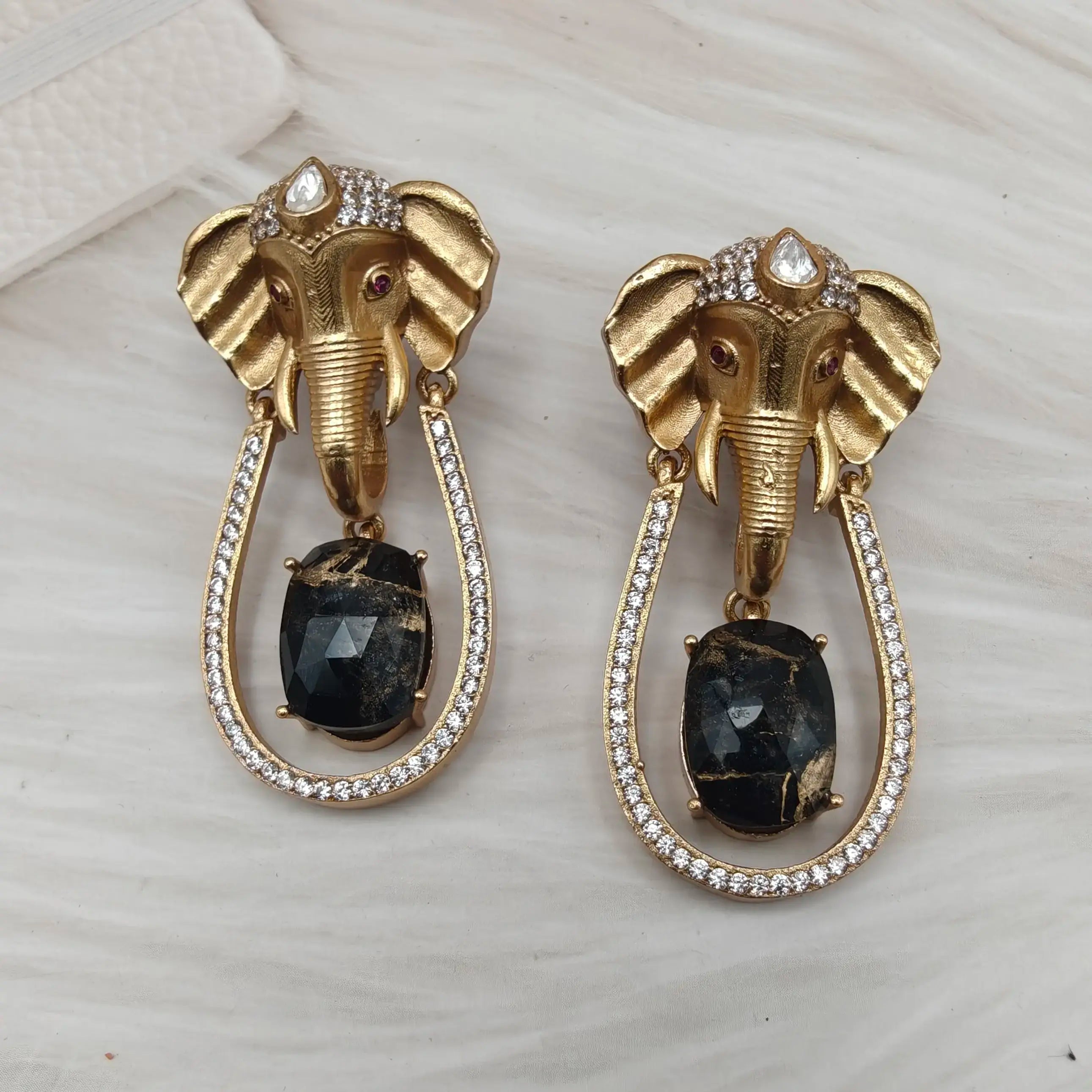 Ganesha Tourmaline Doublet Statement Earrings - Black