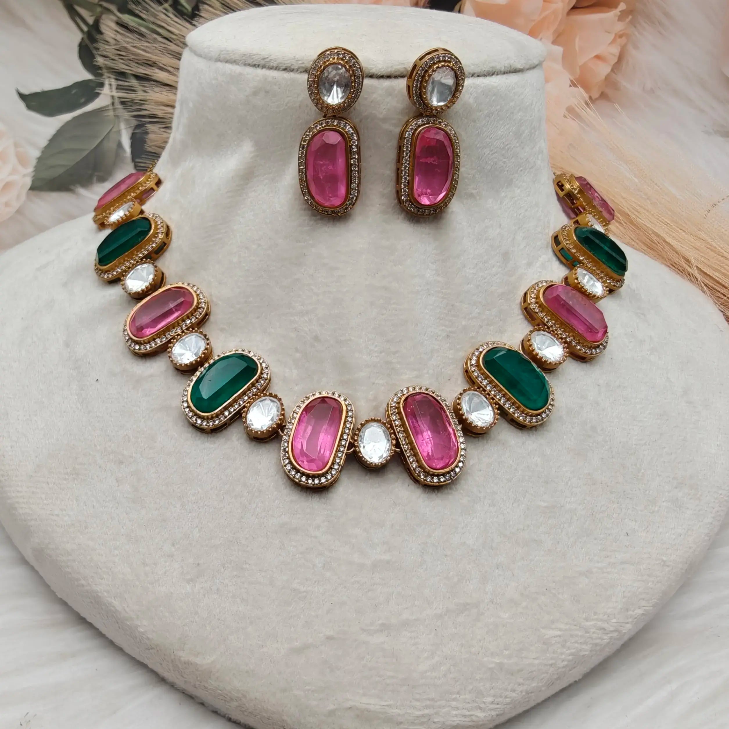 Sakhi Doublet And Uncut Polki Necklace Set - Pink And Green