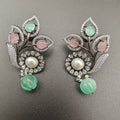Mirana Onyx carving Stone And Pearl AD Earring- Mint And Pink