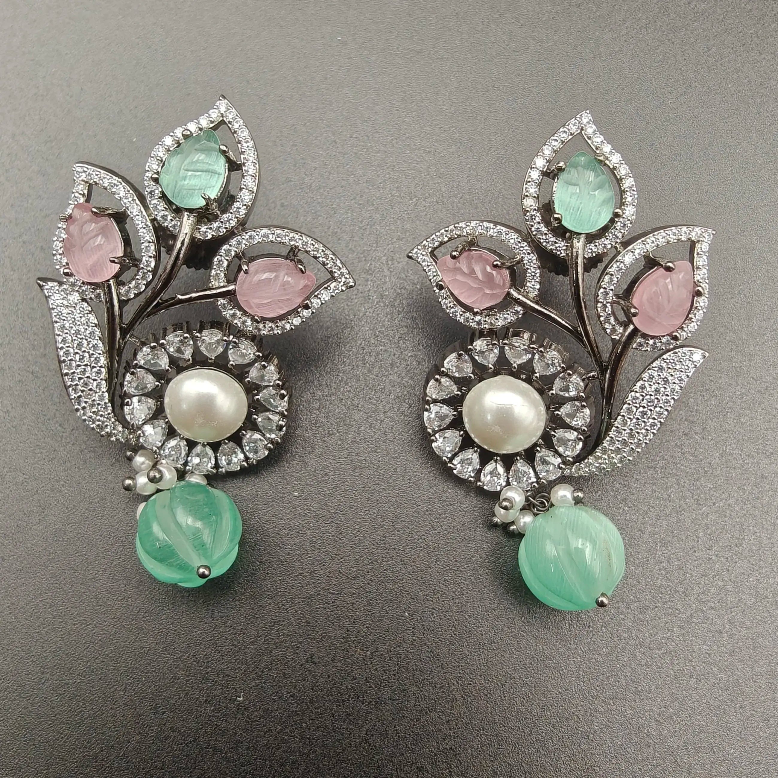 Mirana Onyx carving Stone And Pearl AD Earring- Mint And Pink