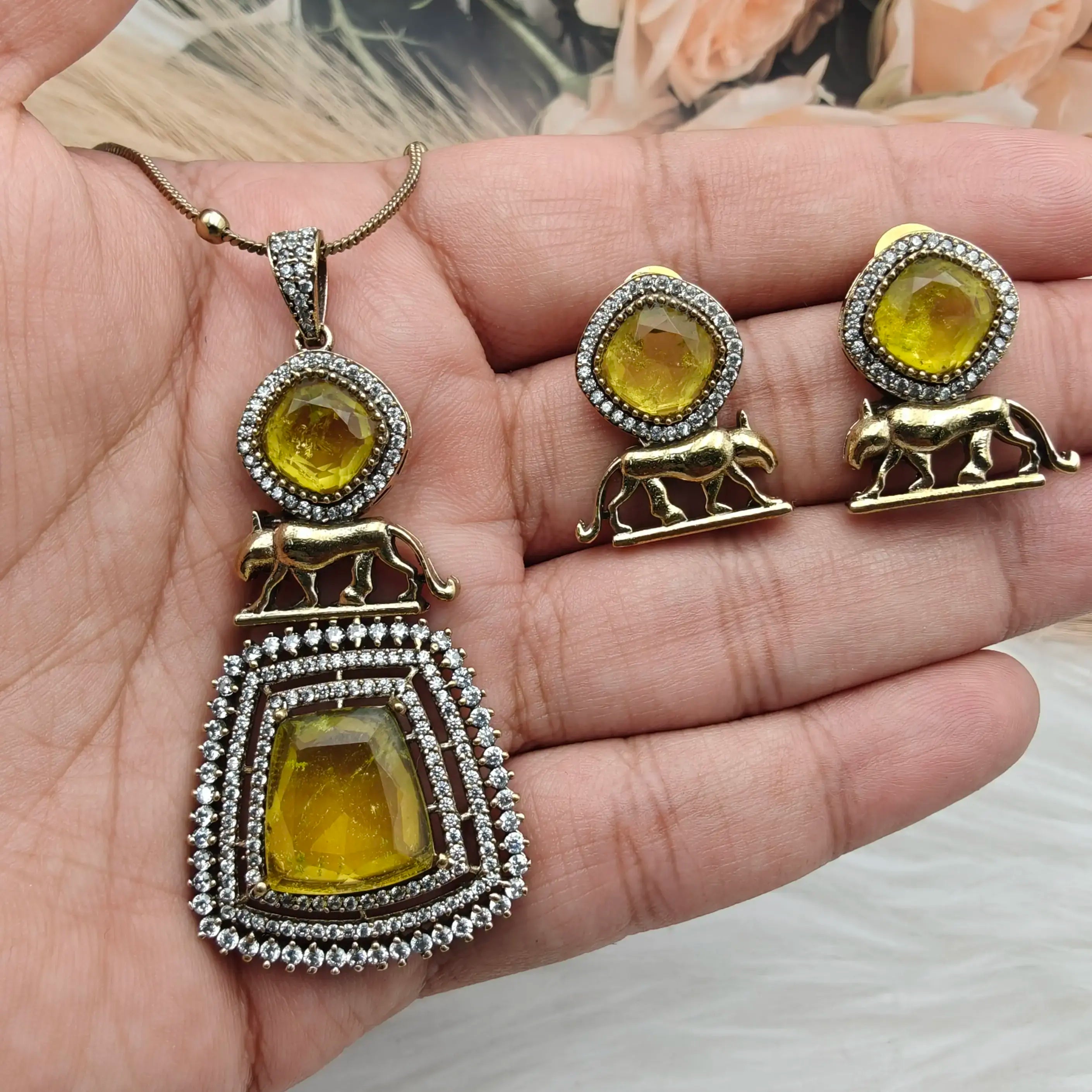 Sabyasachi Inspired Kayera Jaguar Doublet Pendant Set - Yellow