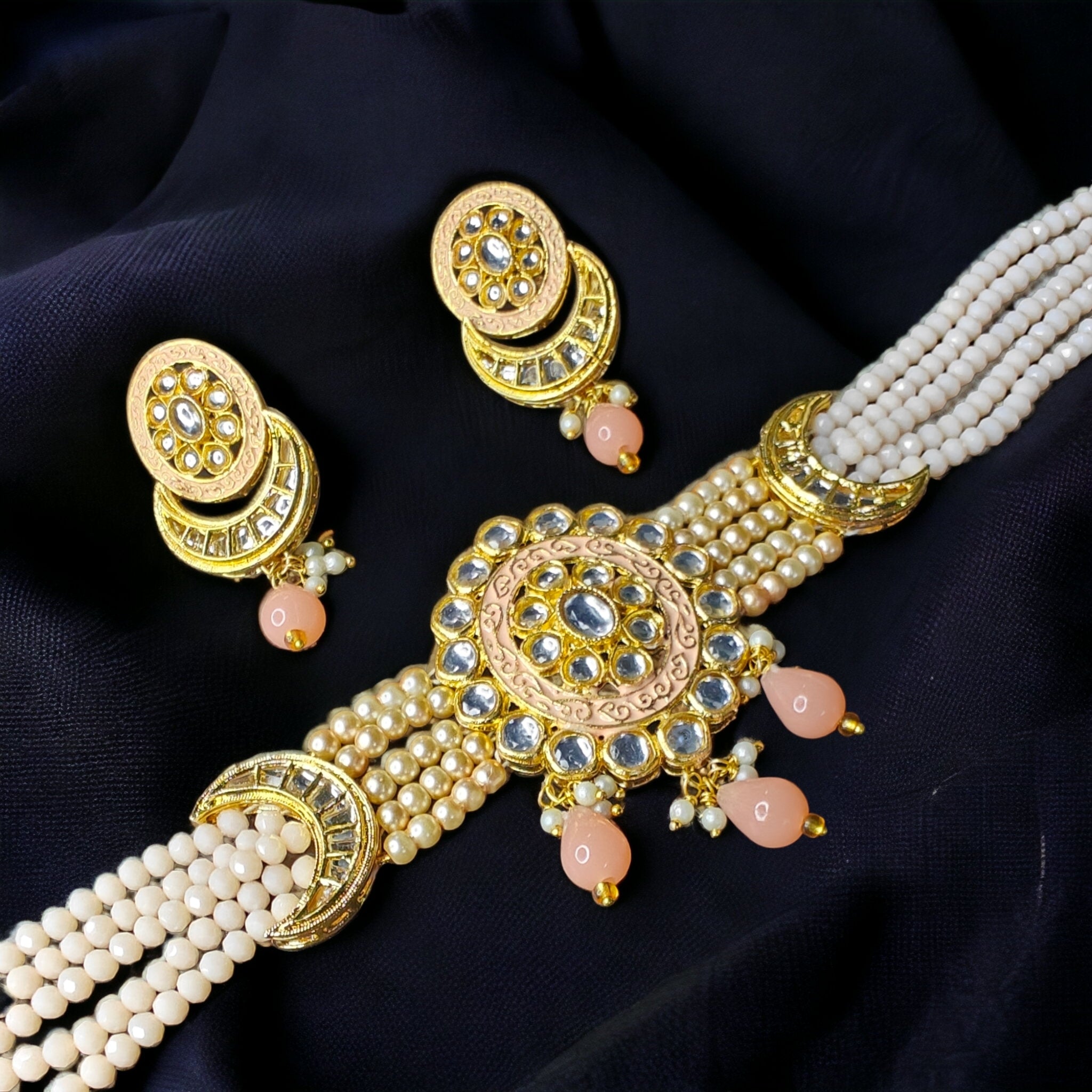 Aashika Choker Necklace Set- Peach