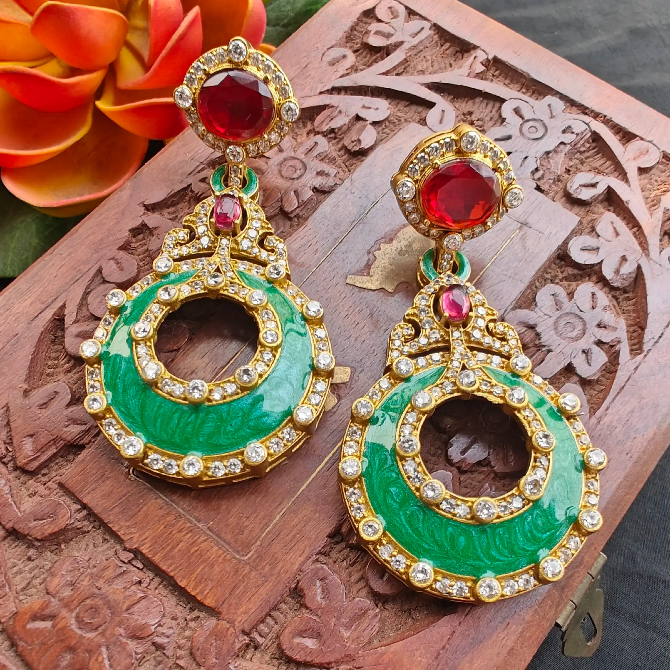 Mahiya Italian Enamel Statement Earrings - Green N Ruby
