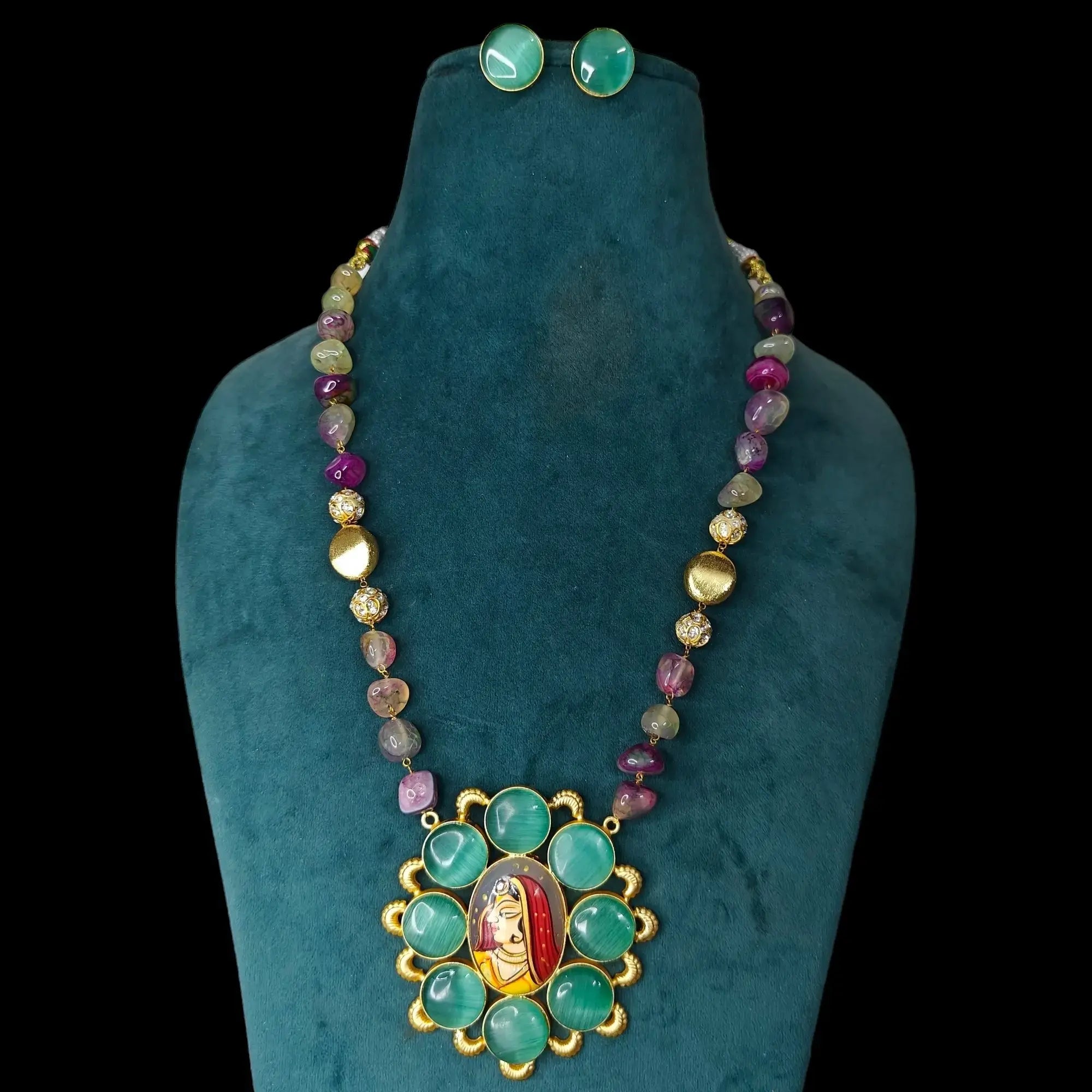 Tanjore Lady Monalisa Long Necklace- Pastel Multi