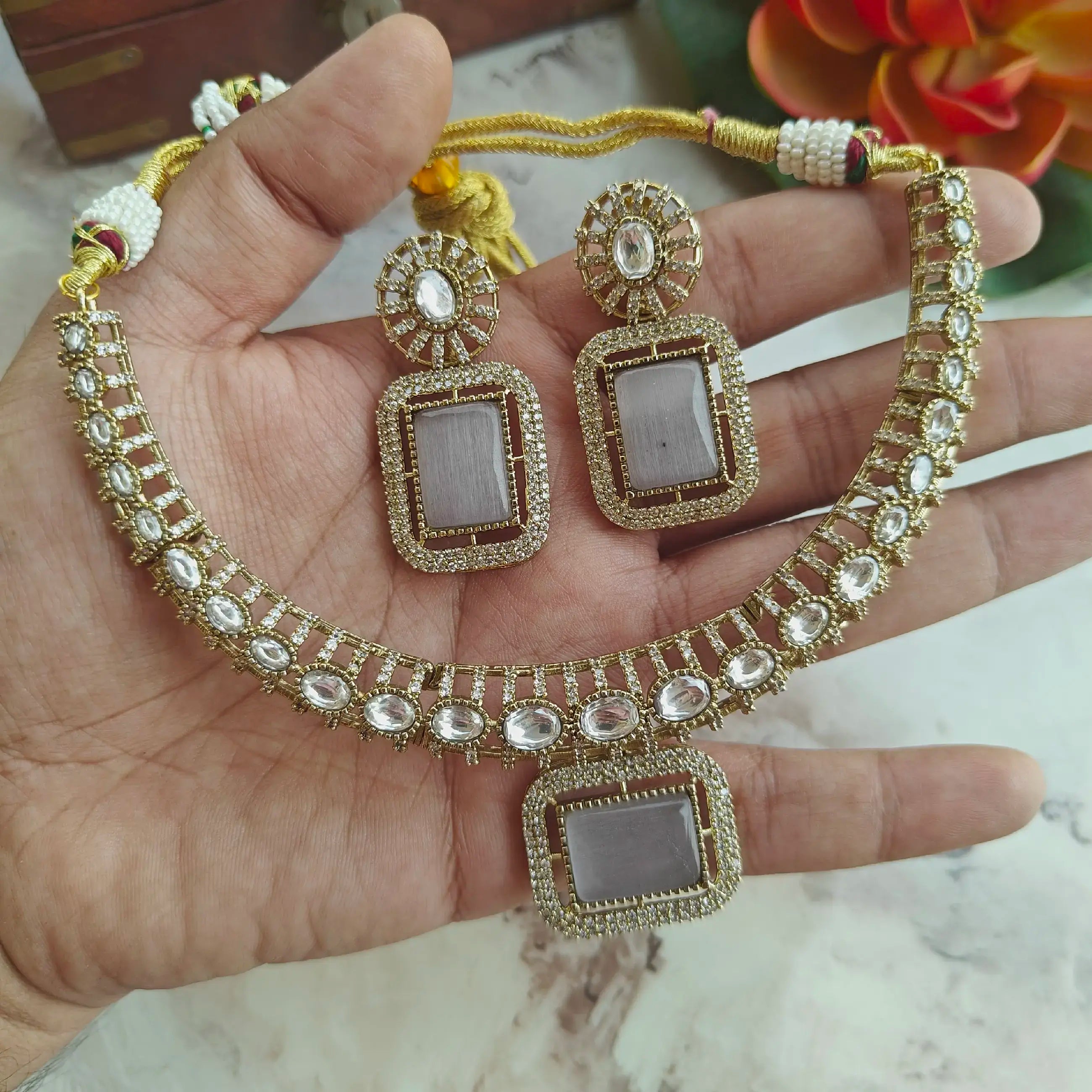 Kesariya Monalisa Hasli Necklace Set - Mauve Grey