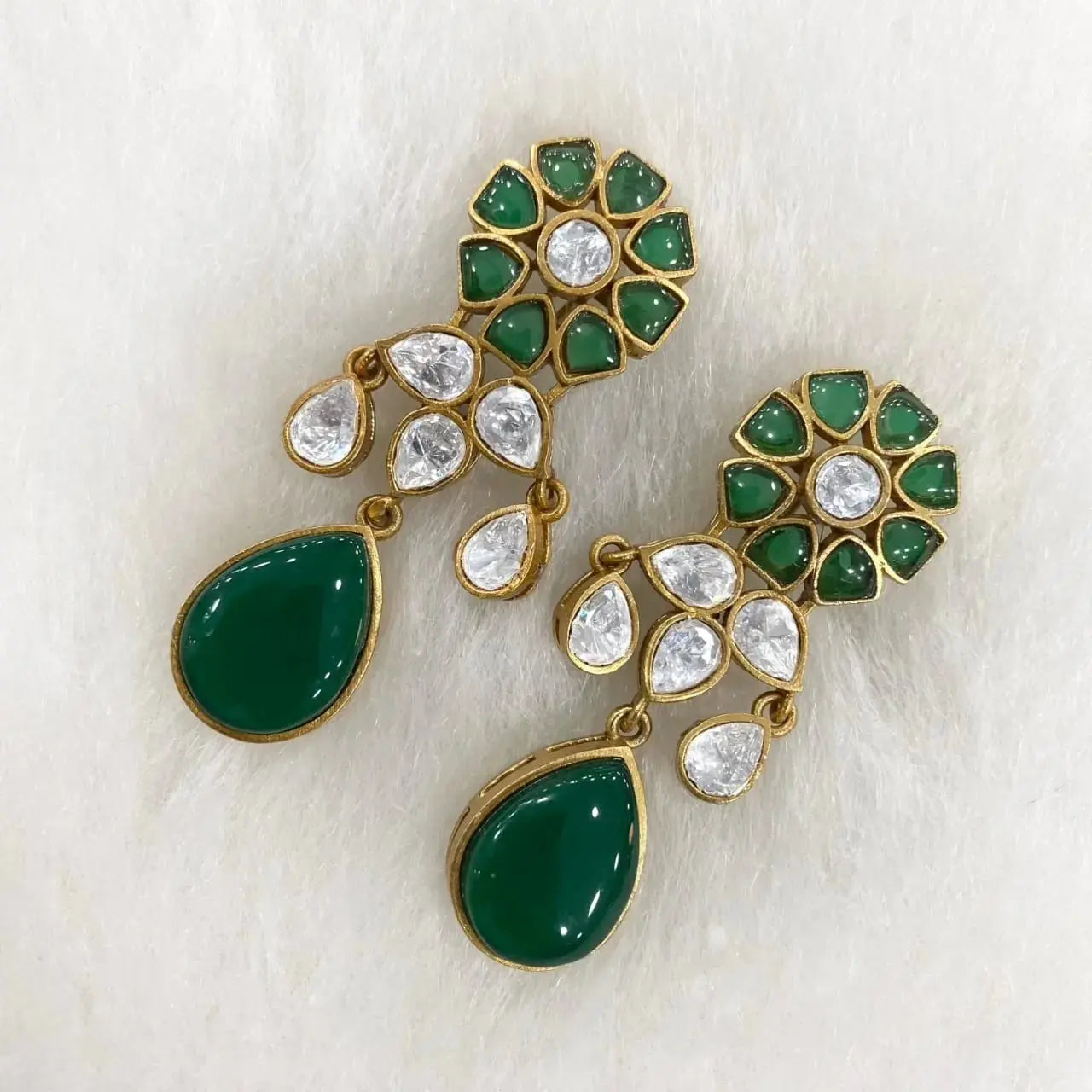 Sufiya Uncut Polki Moissanite Stone Earrings - Green
