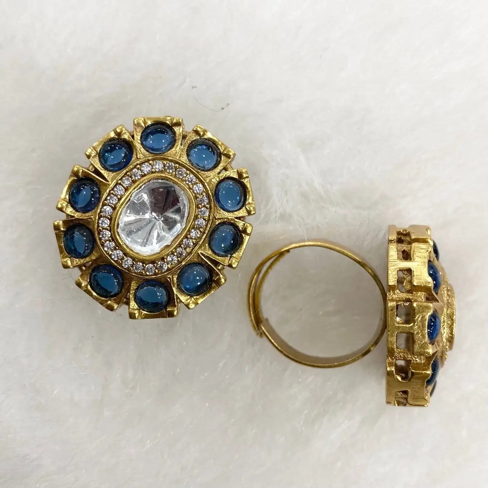 Tanika Polki Kundan Finger Ring - Blue