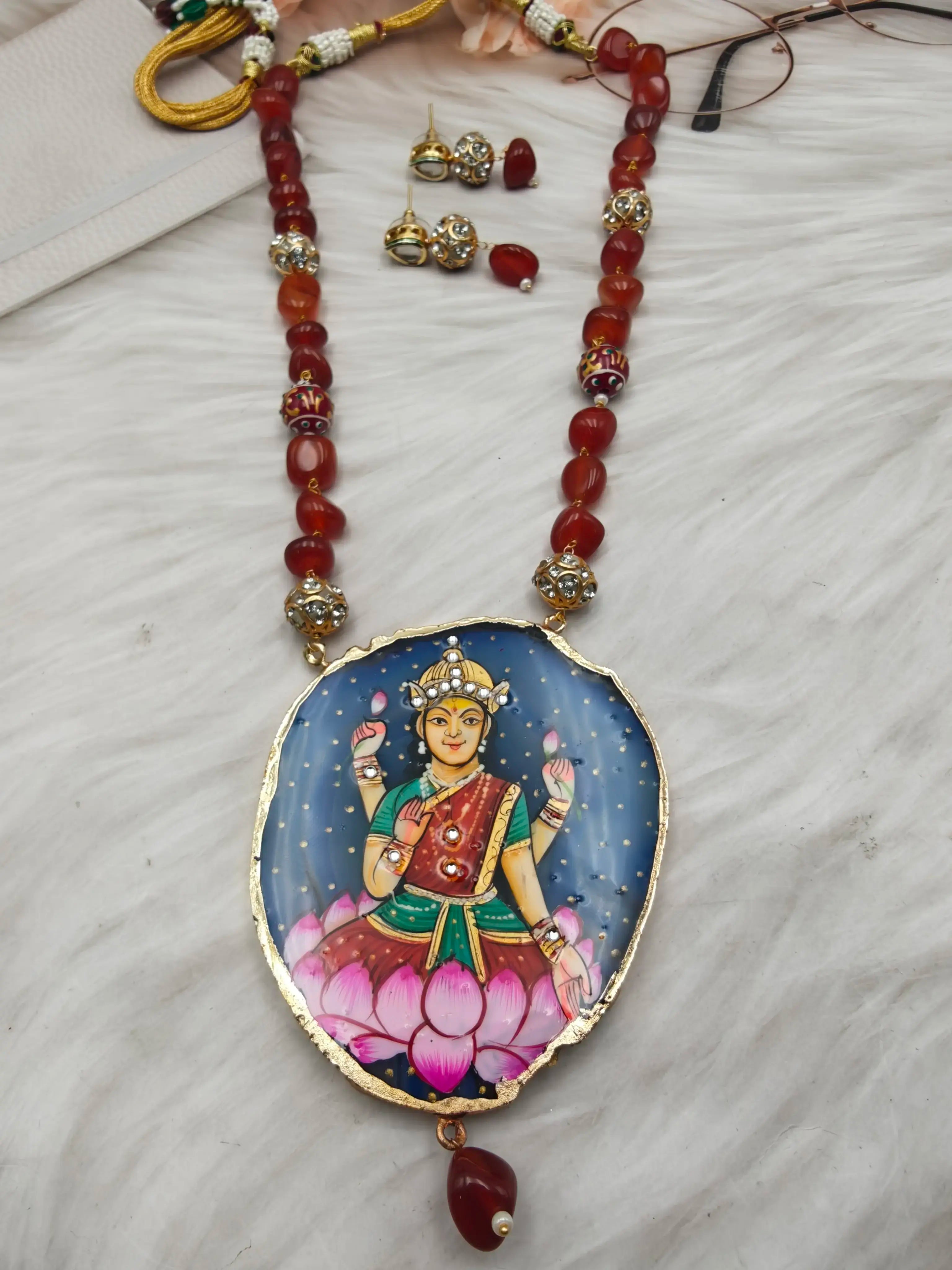 Lakshmi Ma Natural Stone Necklace Set - Blue n Dark Rust