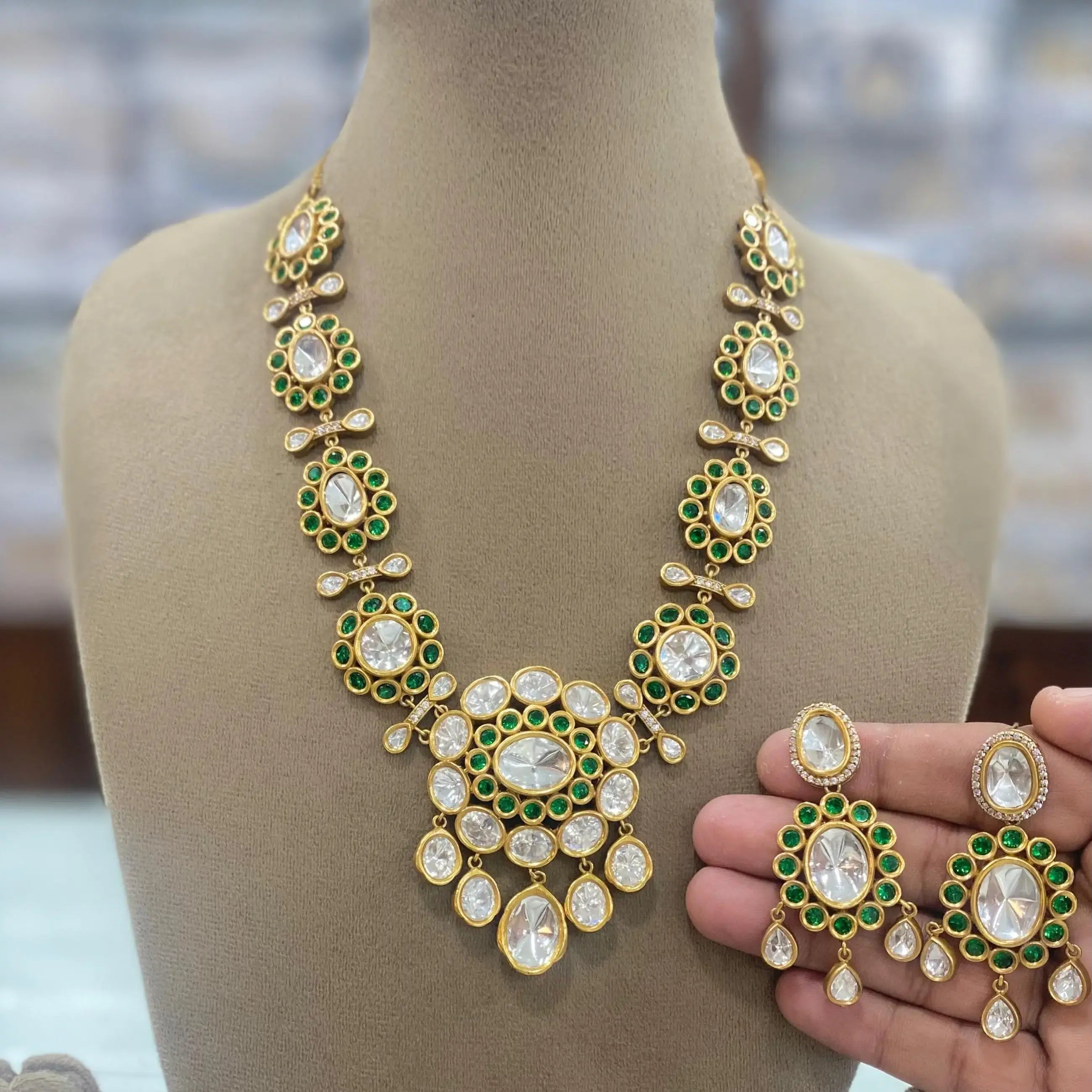 Bhavika Uncut Polki Moissanite Necklace Set - Green