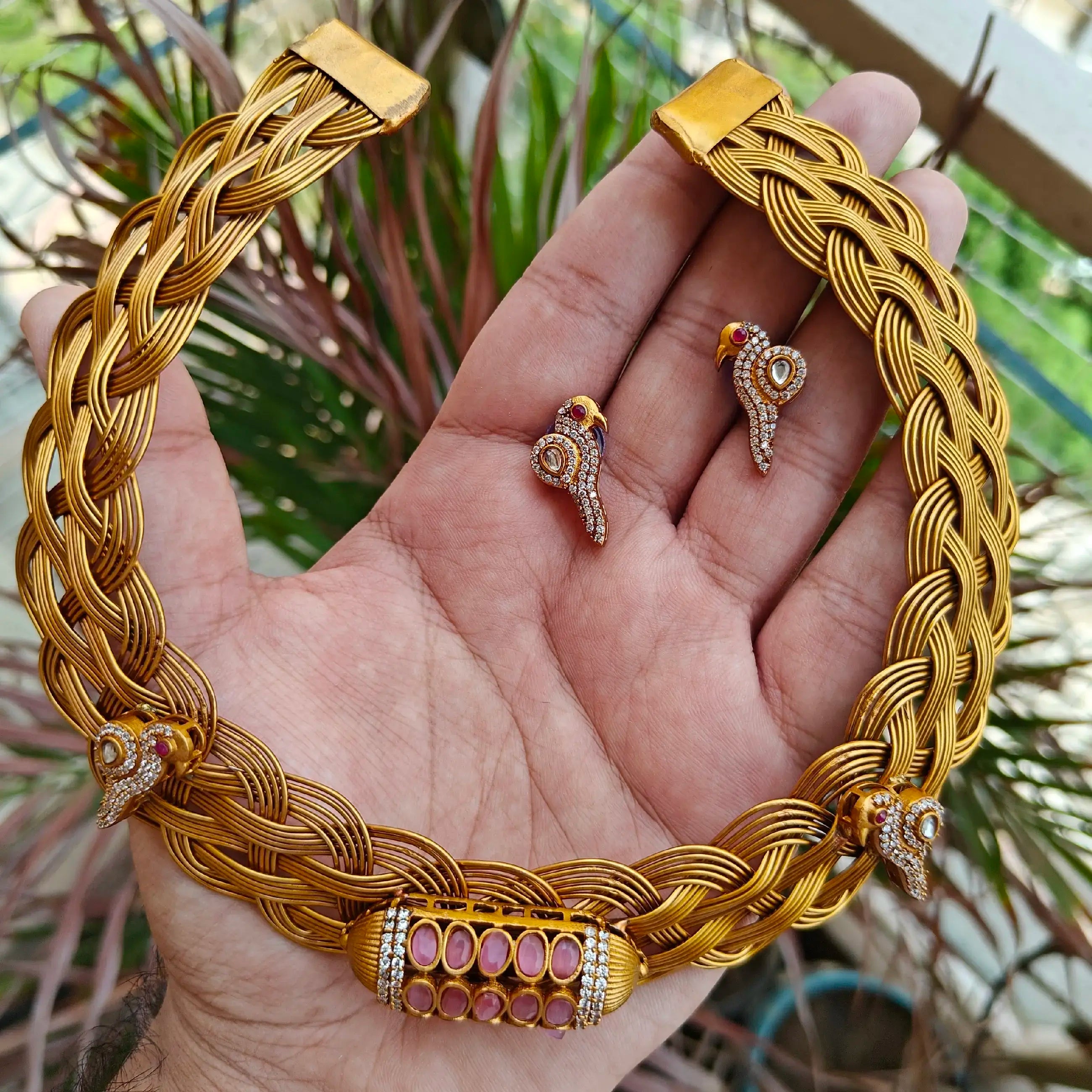 Panchi Brass Hasli Necklace Set- Pink