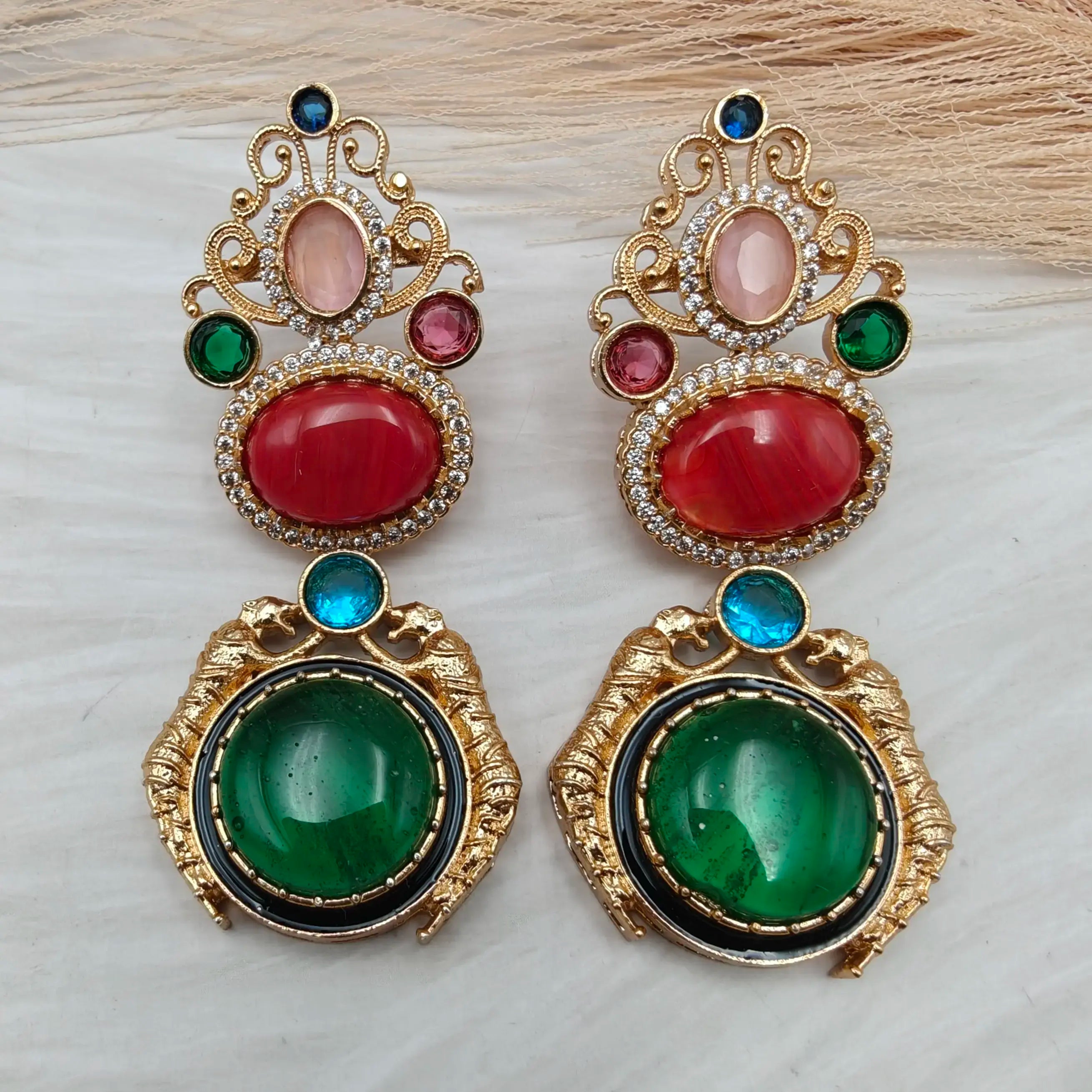 Navrang Jaguar Earrings - Green n Red
