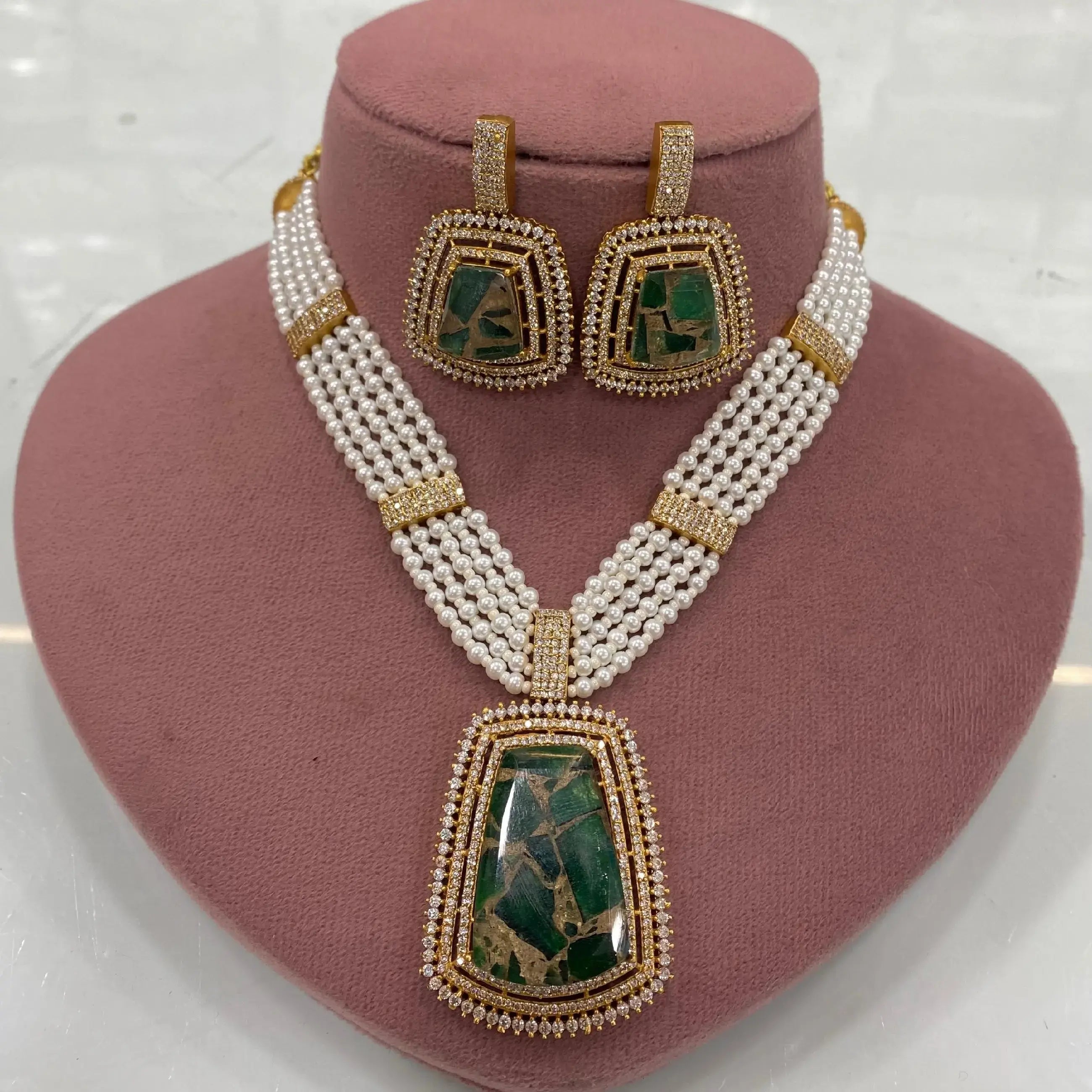 Mastaana Tourmaline Doublet Pearl Necklace Set - Green